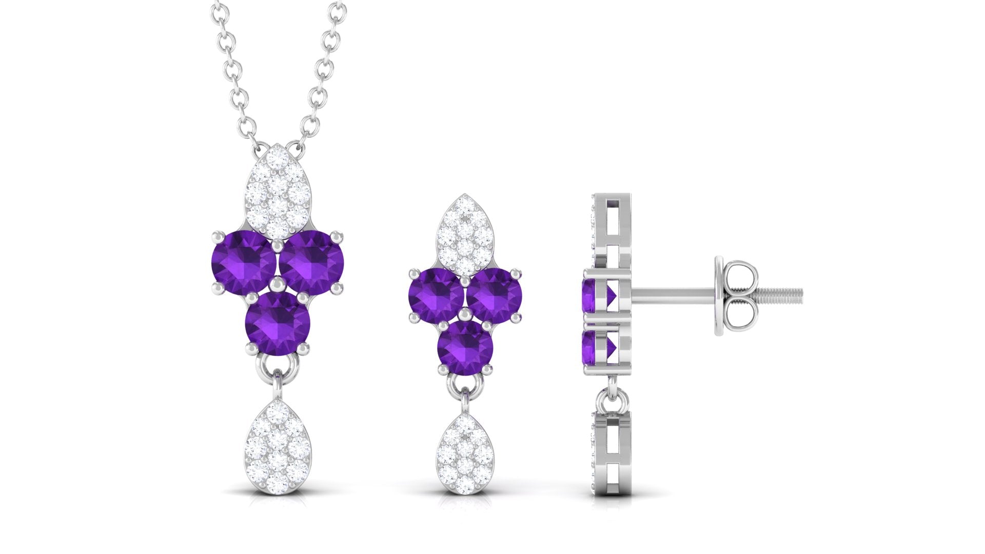 Unique Amethyst and Diamond Dangle Pendant Earrings Set