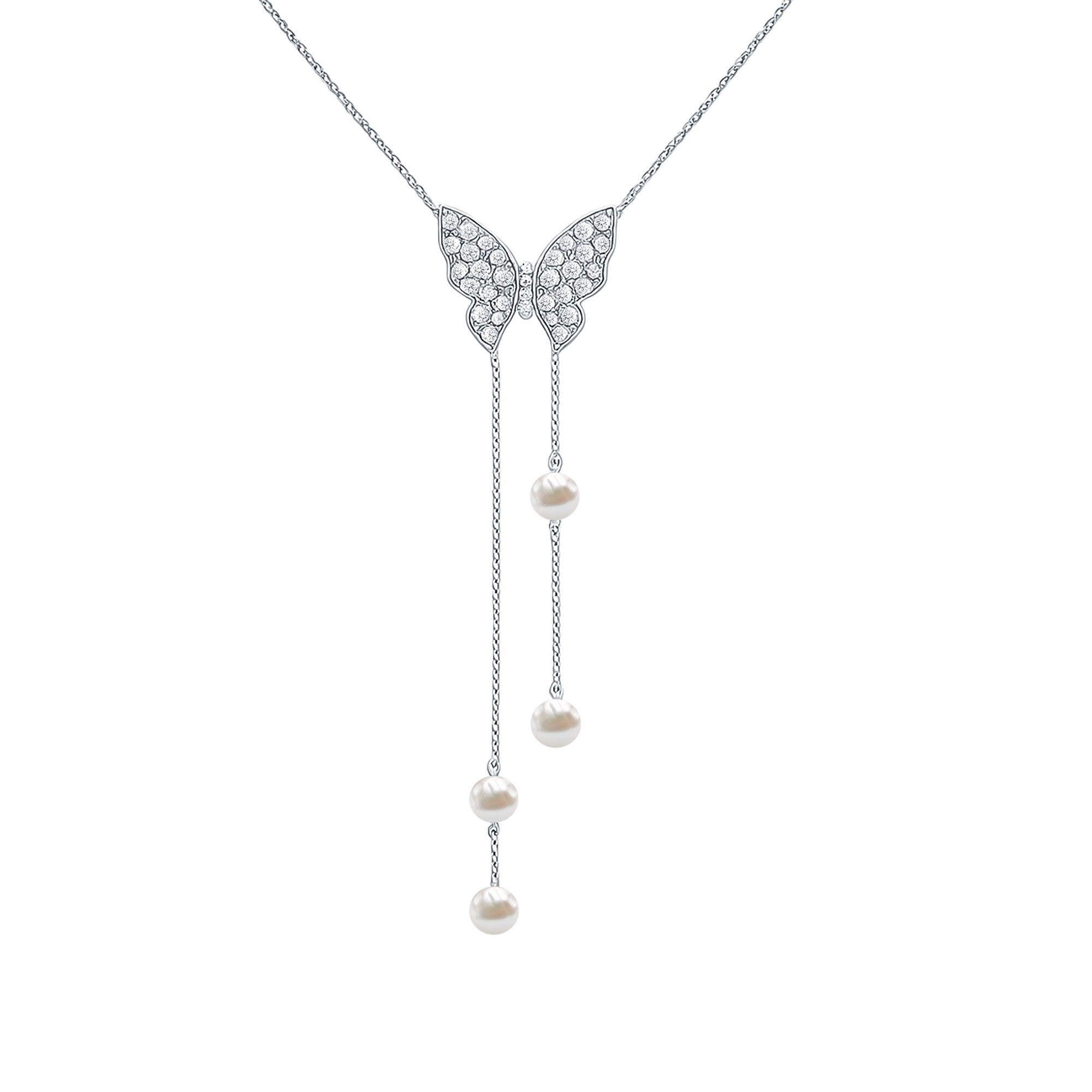 Rosec Jewels-Genuine Freshwater Pearl Butterfly Lariat Necklace with CZ Diamond