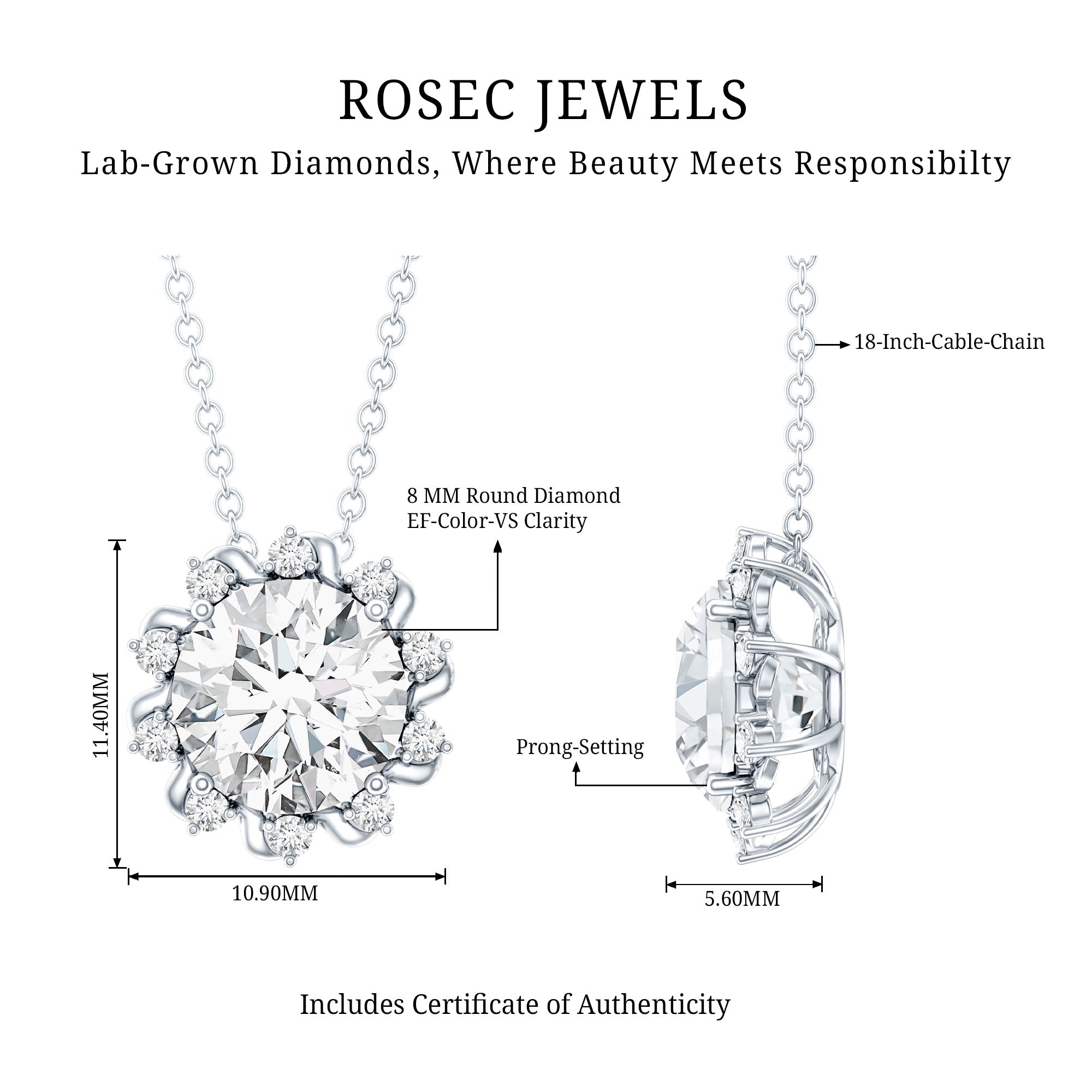 8 MM Round Cut Lab Grown Diamond Starburst Necklace Lab - ( EF-VS ) - Rosec Jewels