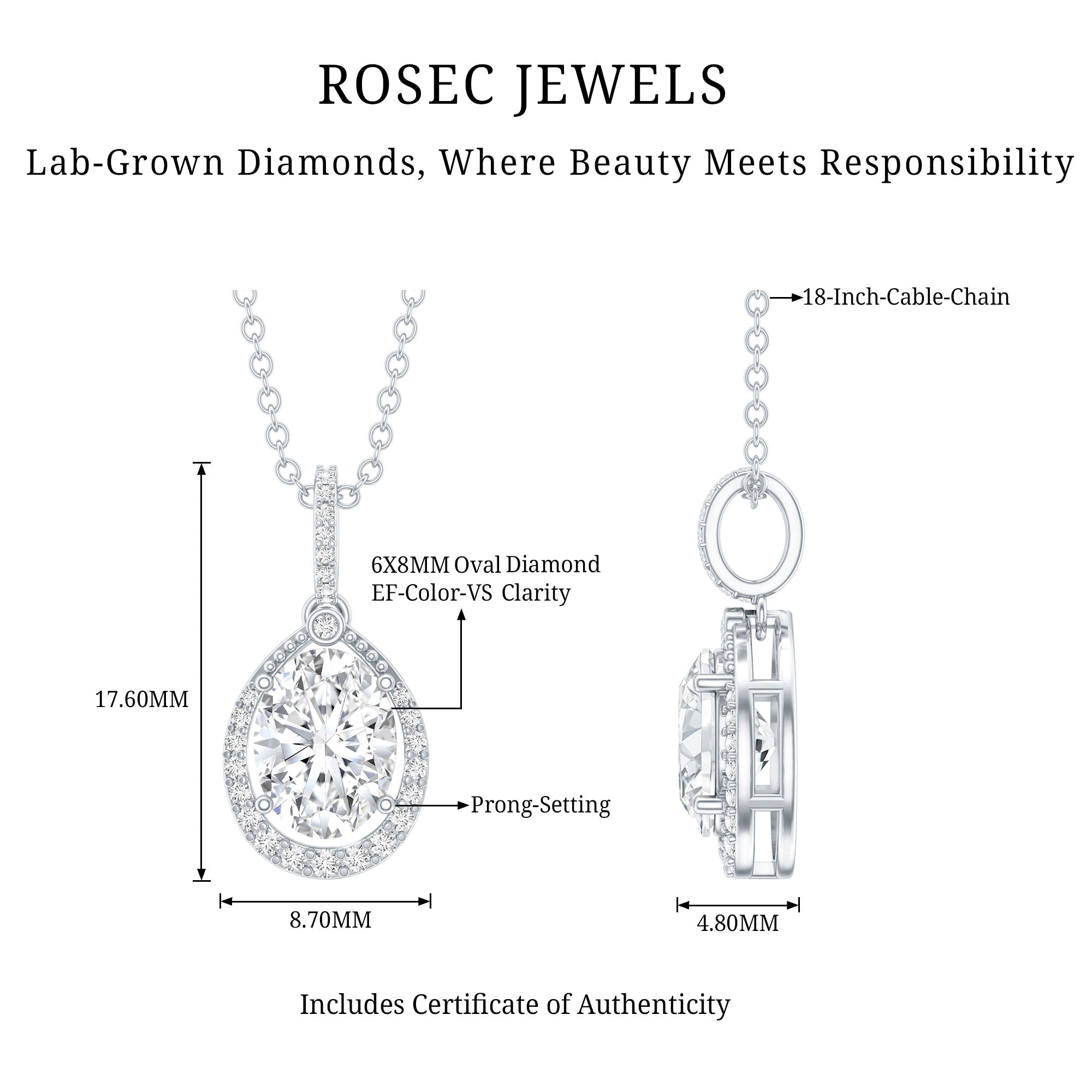6X8 MM Oval Lab Grown Diamond Teardrop Halo Necklace For Women Lab - ( EF-VS ) - Rosec Jewels