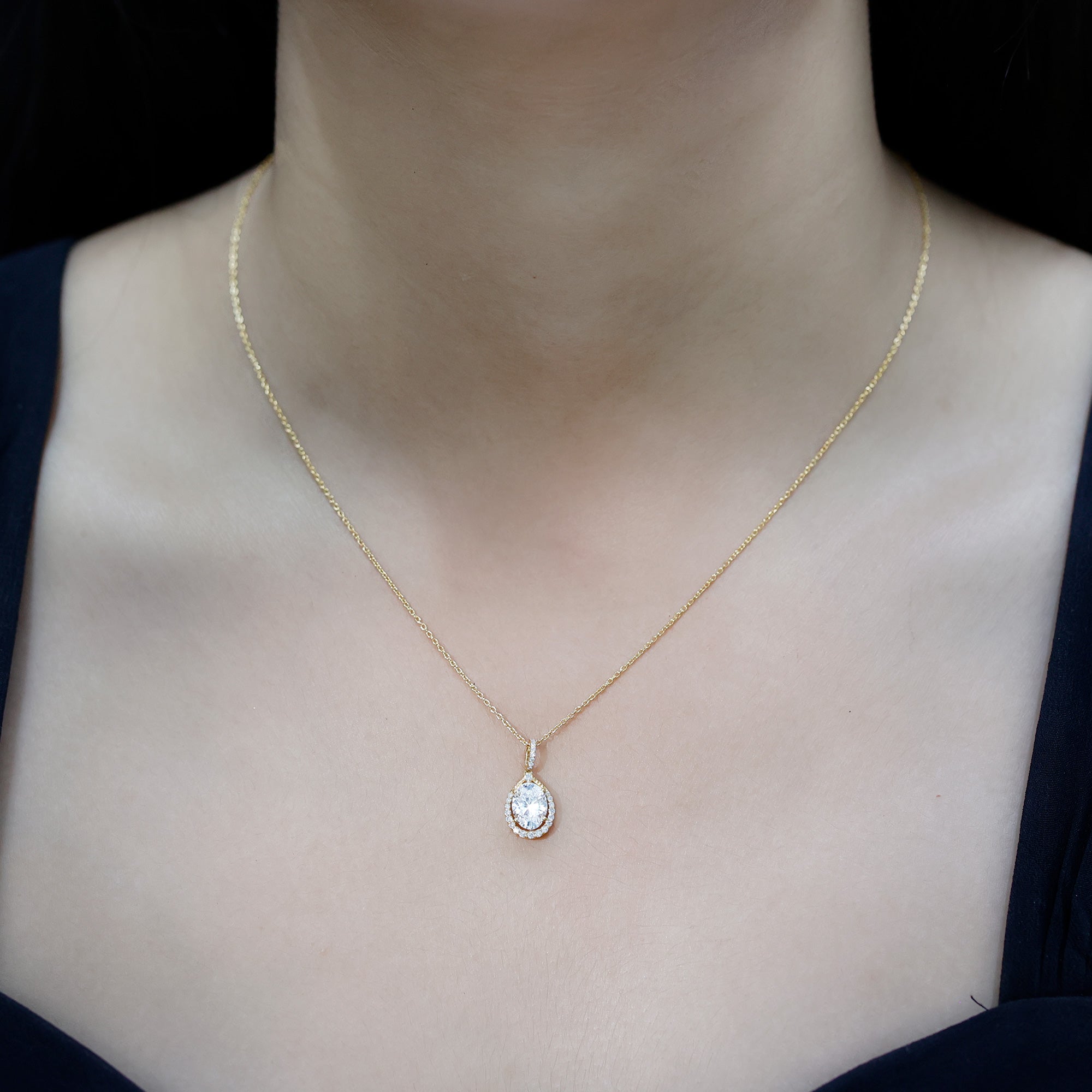 6X8 MM Oval Lab Grown Diamond Teardrop Halo Necklace For Women Lab - ( EF-VS ) - Rosec Jewels