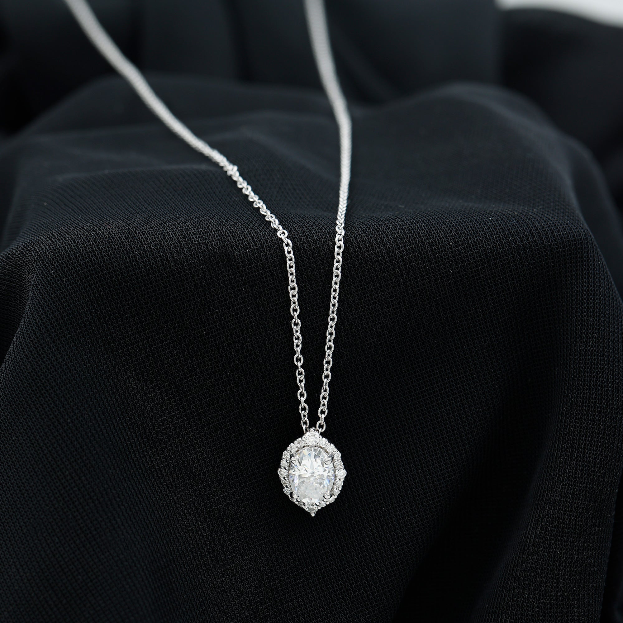 6X8 MM Oval Shaped Lab Grown Diamond Wedding Necklace With Halo Lab - ( EF-VS ) - Rosec Jewels
