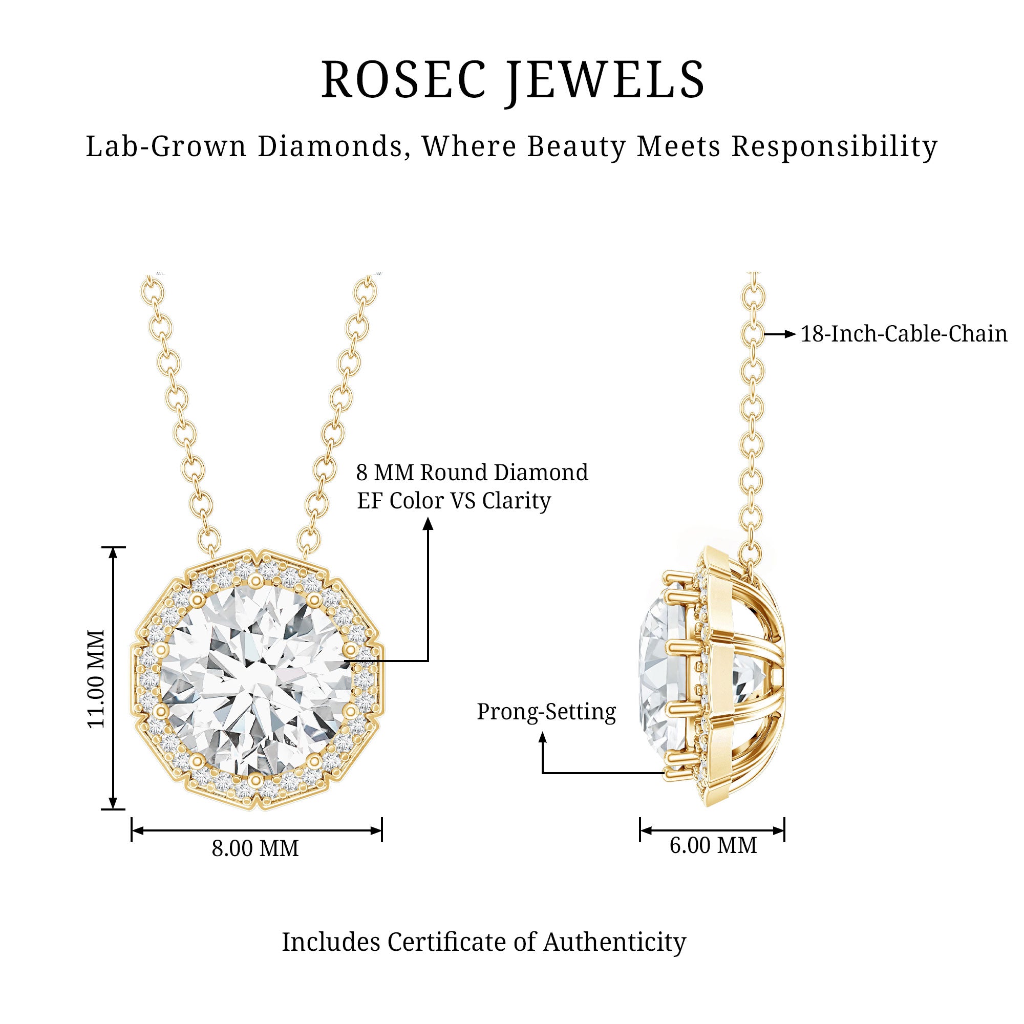 Certified 8 MM Circle Lab Grown Diamond Necklace With Halo Lab - ( EF-VS ) - Rosec Jewels