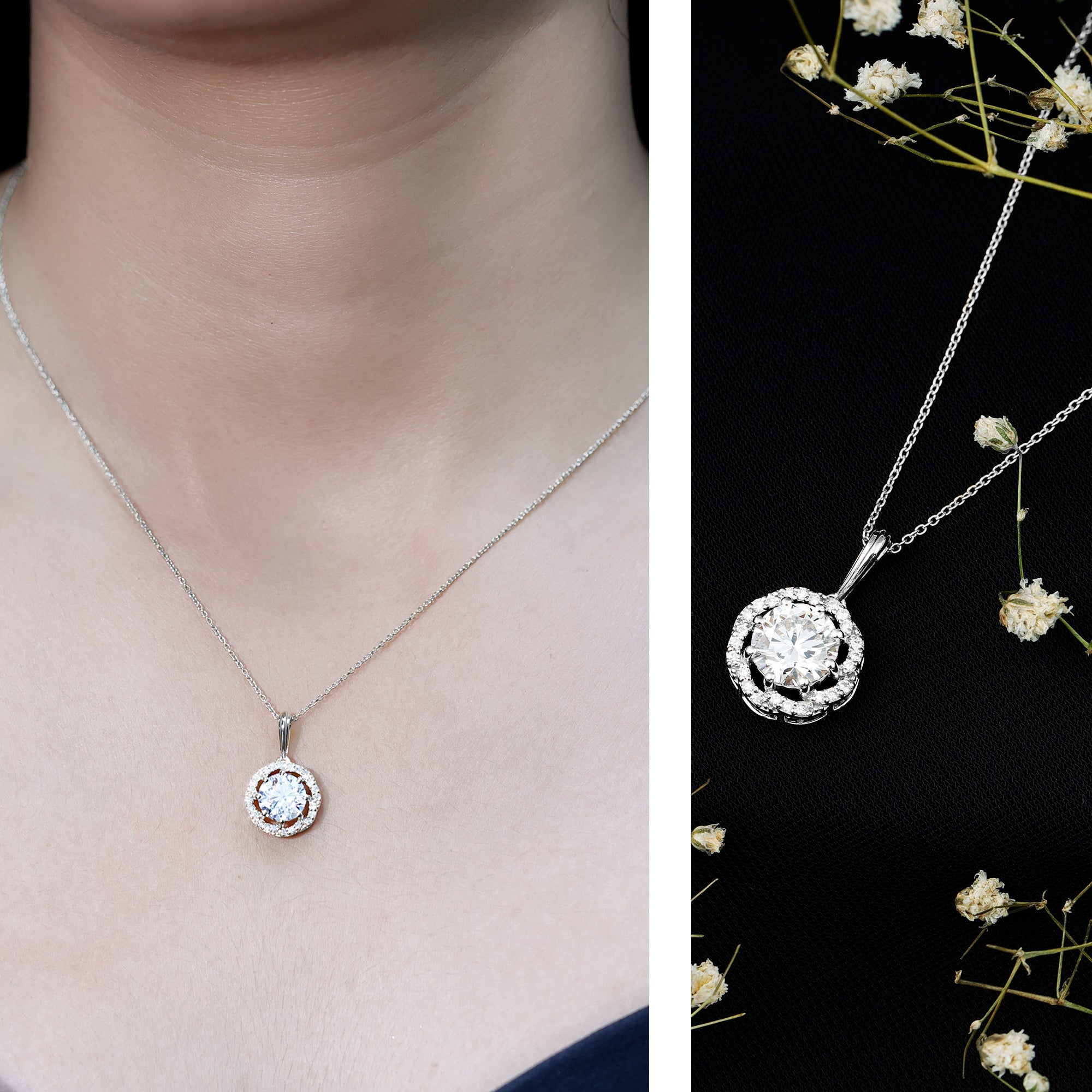 Certified 8 MM Lab Grown Diamond Halo Necklace Lab - ( EF-VS ) - Rosec Jewels