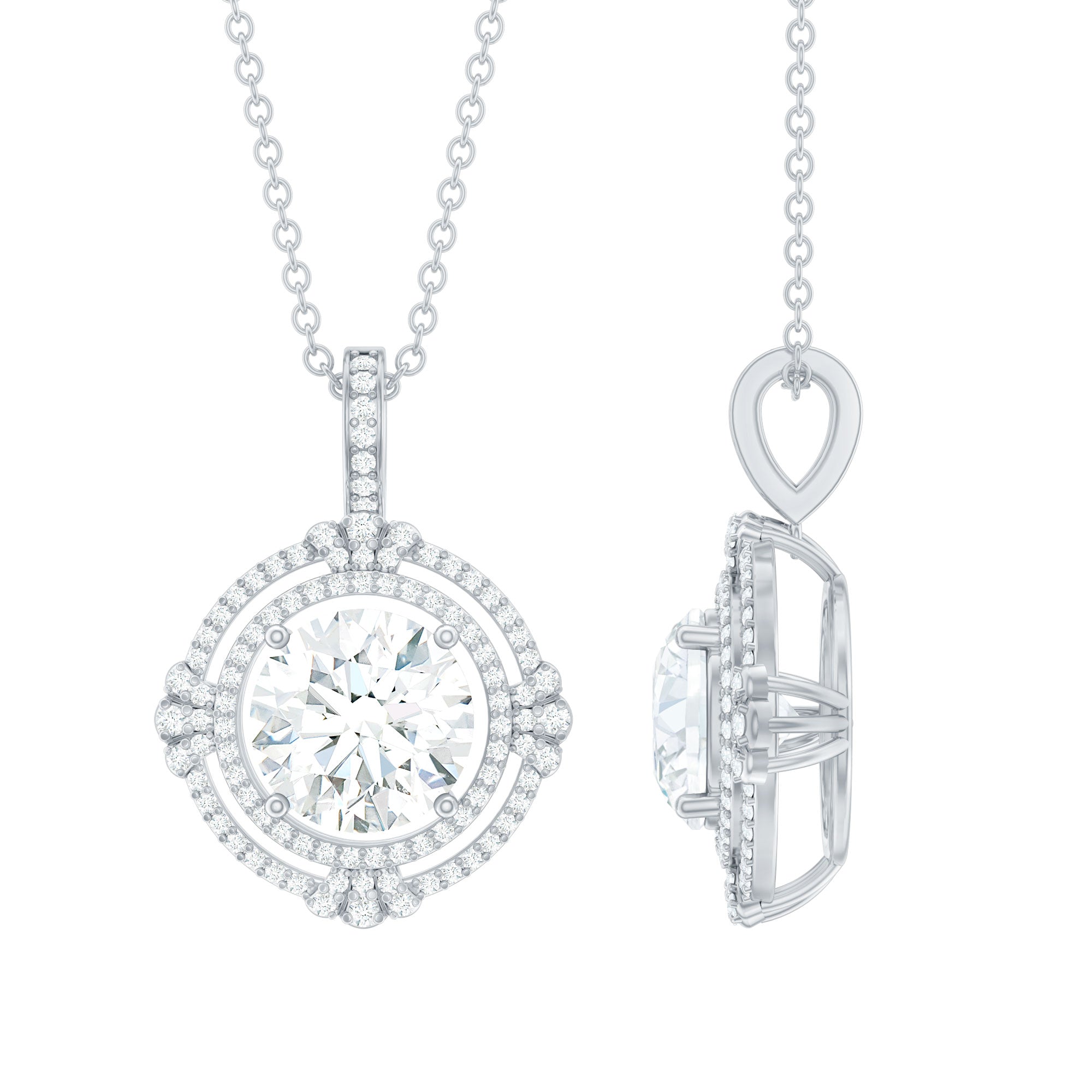 2 Carat Lab Grown Diamond Double Halo Necklace With Decorated Bail