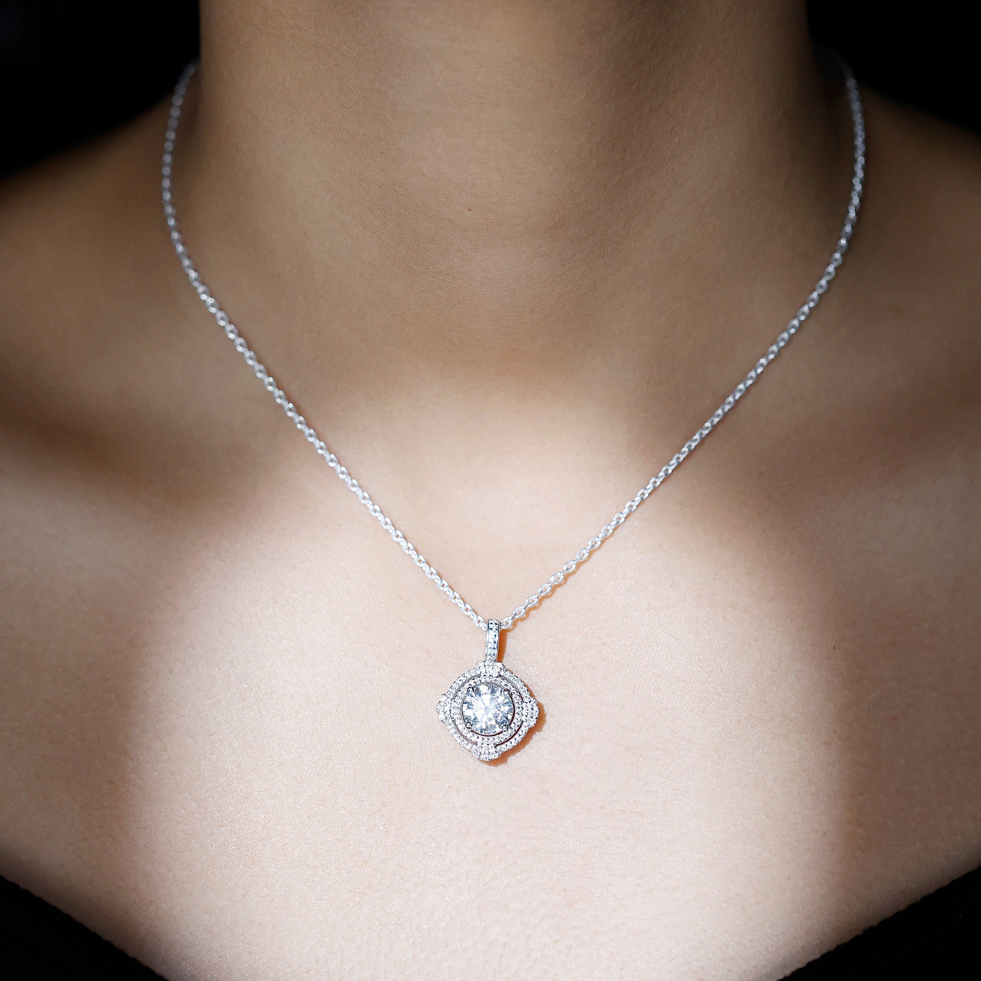 2 Carat Lab Grown Diamond Double Halo Necklace With Decorated Bail Lab - ( EF-VS ) - Rosec Jewels
