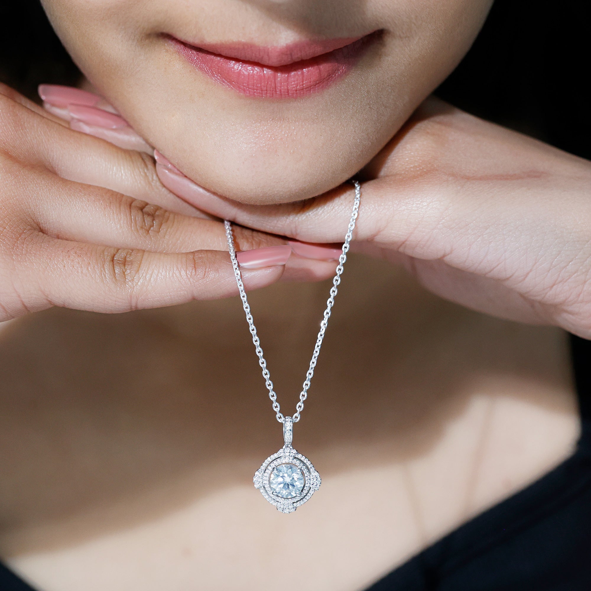 2 Carat Lab Grown Diamond Double Halo Necklace With Decorated Bail Lab - ( EF-VS ) - Rosec Jewels