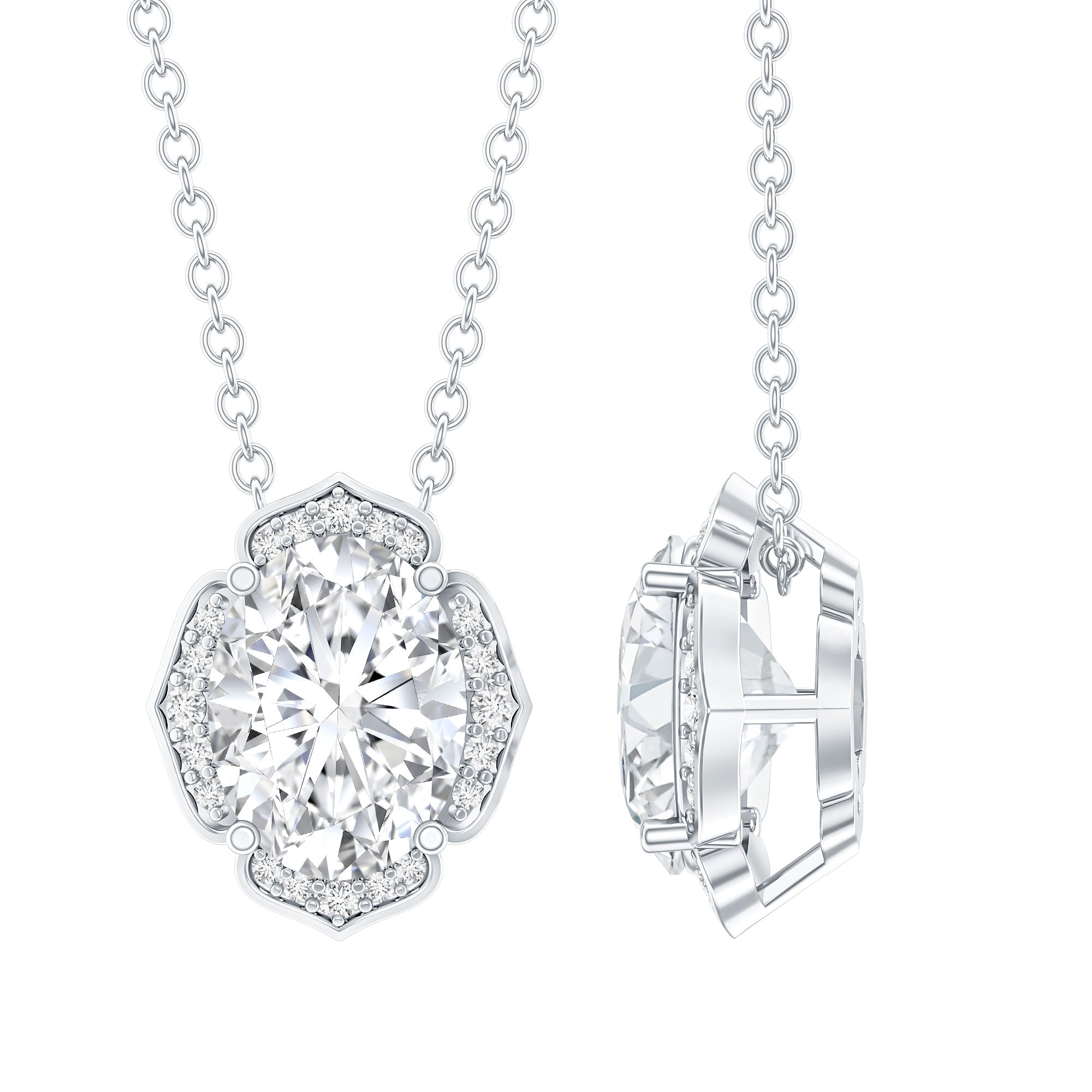 6X8 MM Oval Shape Lab Grown Diamond Vintage Flower Necklace Lab - ( EF-VS ) - Rosec Jewels