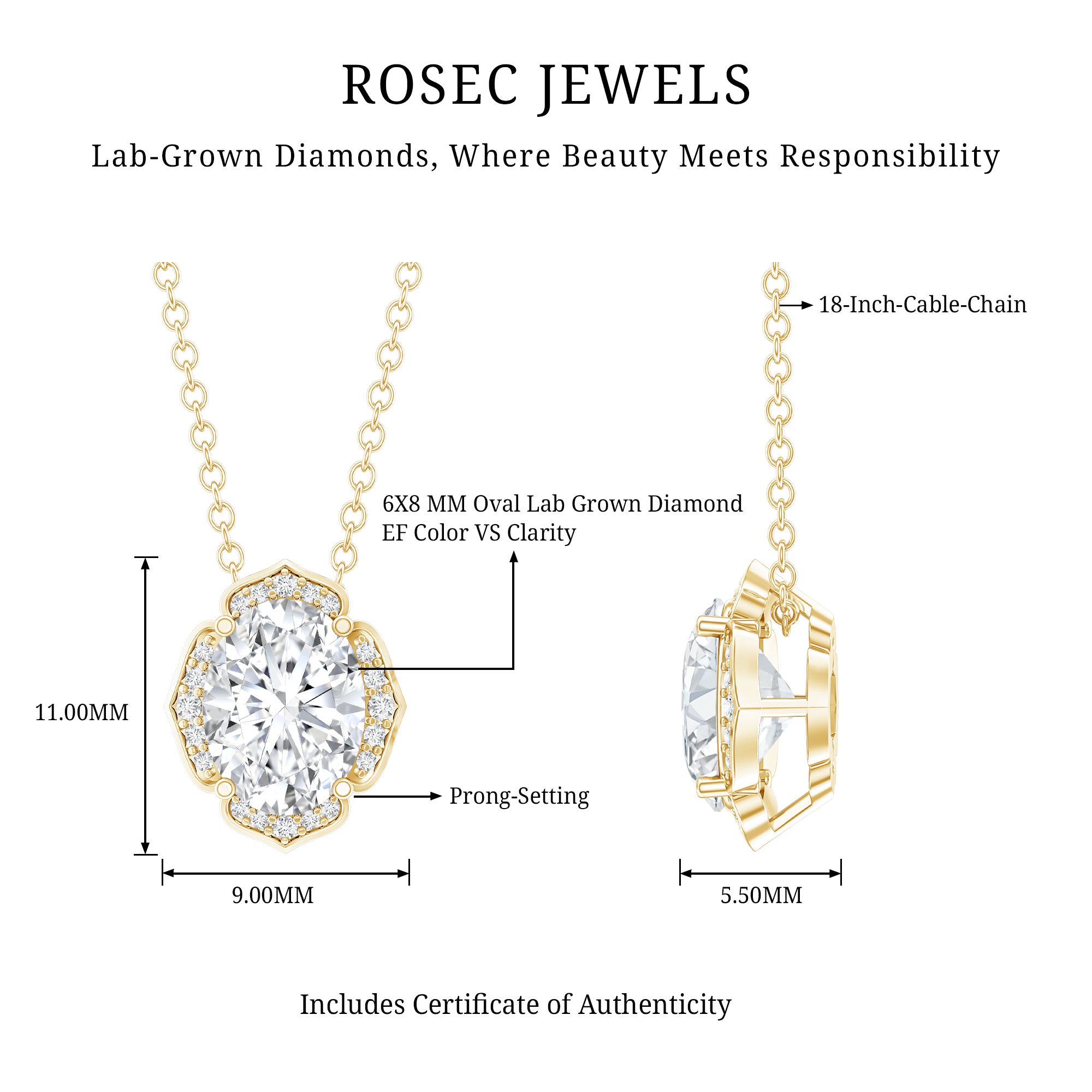 6X8 MM Oval Shape Lab Grown Diamond Vintage Flower Necklace Lab - ( EF-VS ) - Rosec Jewels