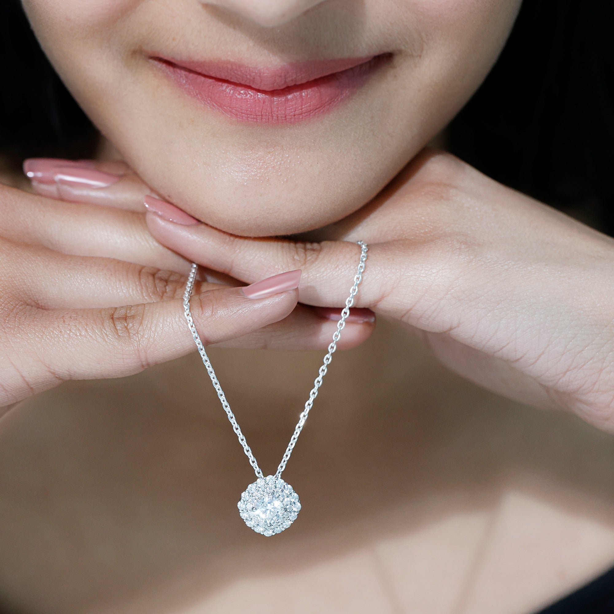 Lab Grown Round Diamond Double Halo Bridal Necklace With Accent Lab - ( EF-VS ) - Rosec Jewels