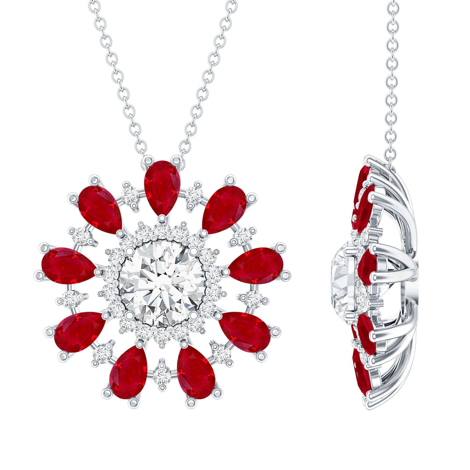 7 MM Lab Grown Diamond Flower Statement Necklace with Ruby Lab - ( EF-VS ) - Rosec Jewels