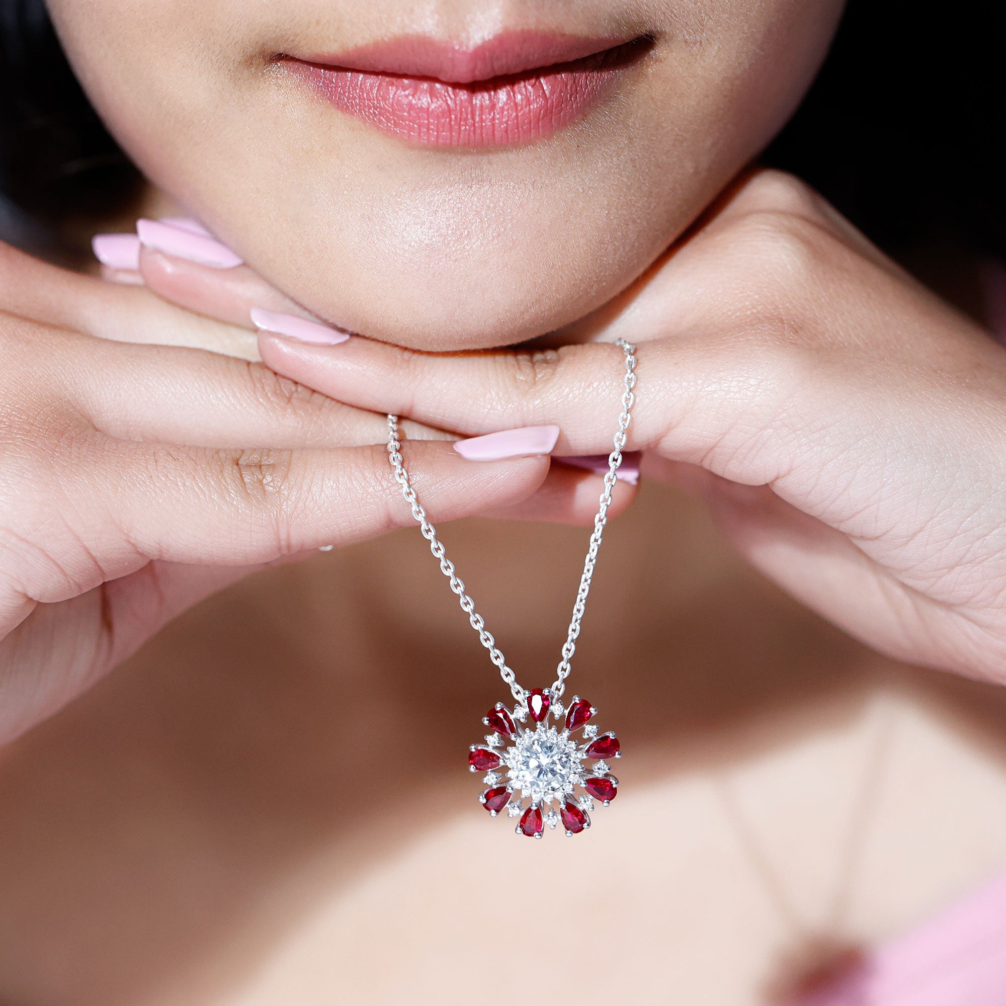 7 MM Lab Grown Diamond Flower Statement Necklace with Ruby Lab - ( EF-VS ) - Rosec Jewels