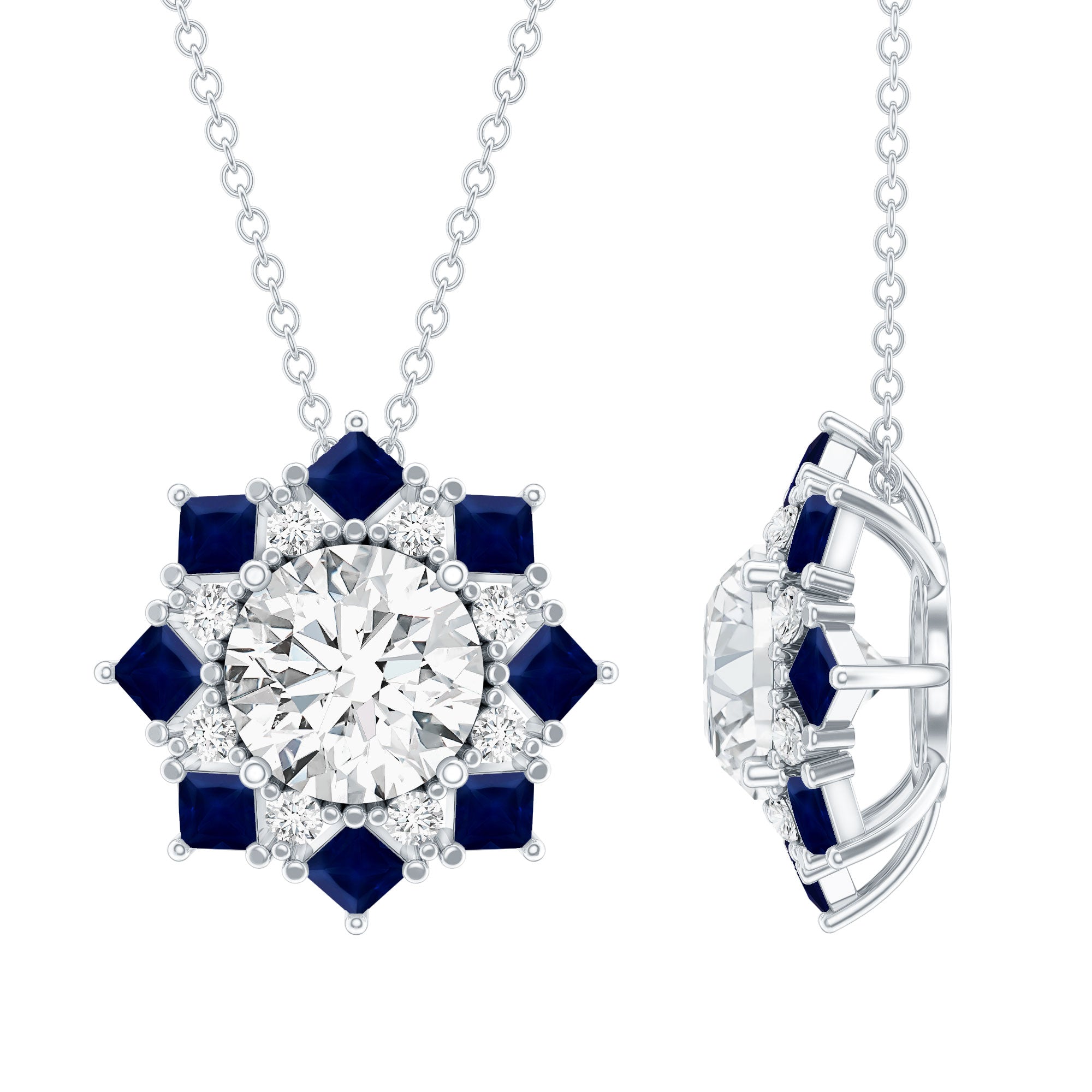 Lab Grown Diamond Art Deco Necklace With Blue Sapphire Lab - ( EF-VS ) - Rosec Jewels