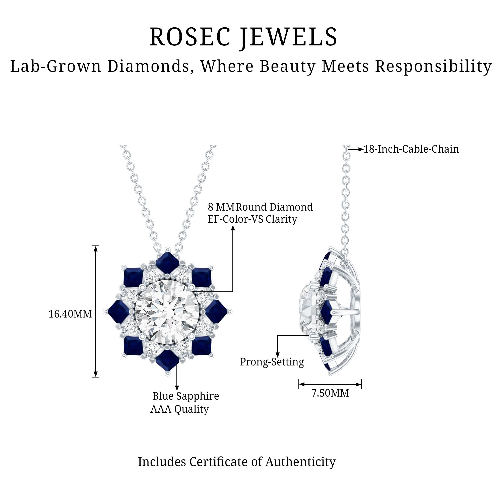 Lab Grown Diamond Art Deco Necklace With Blue Sapphire Lab - ( EF-VS ) - Rosec Jewels