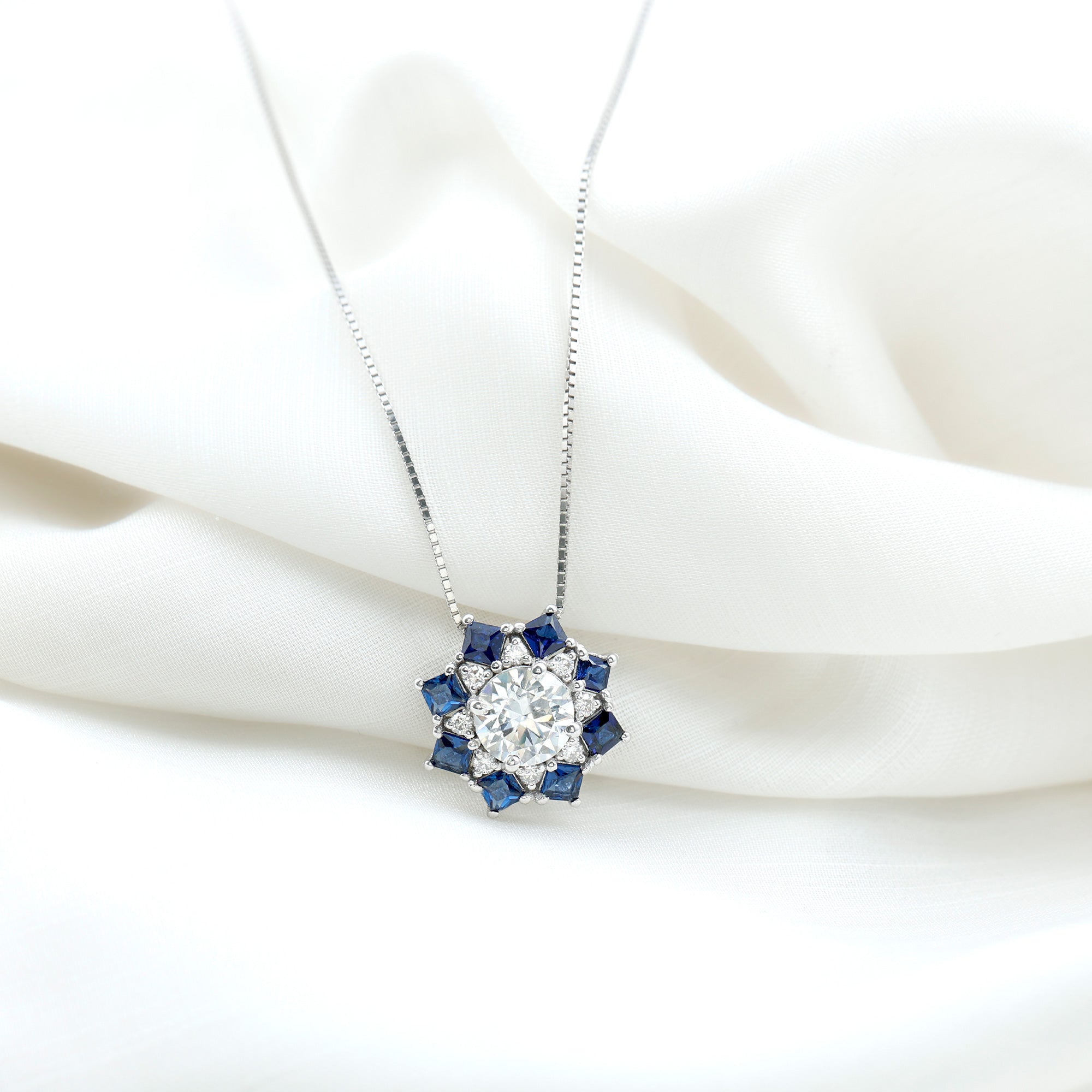 Lab Grown Diamond Art Deco Necklace With Blue Sapphire Lab - ( EF-VS ) - Rosec Jewels