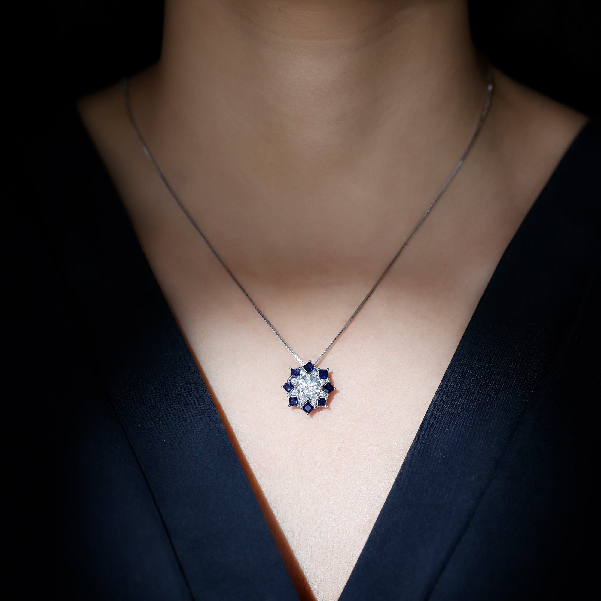 Lab Grown Diamond Art Deco Necklace With Blue Sapphire Lab - ( EF-VS ) - Rosec Jewels