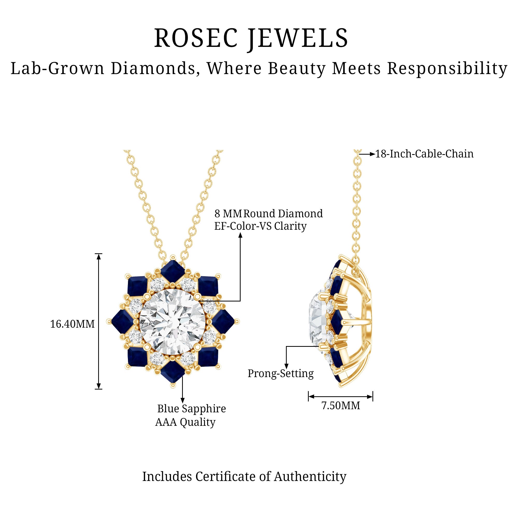Lab Grown Diamond Art Deco Necklace With Blue Sapphire Lab - ( EF-VS ) - Rosec Jewels