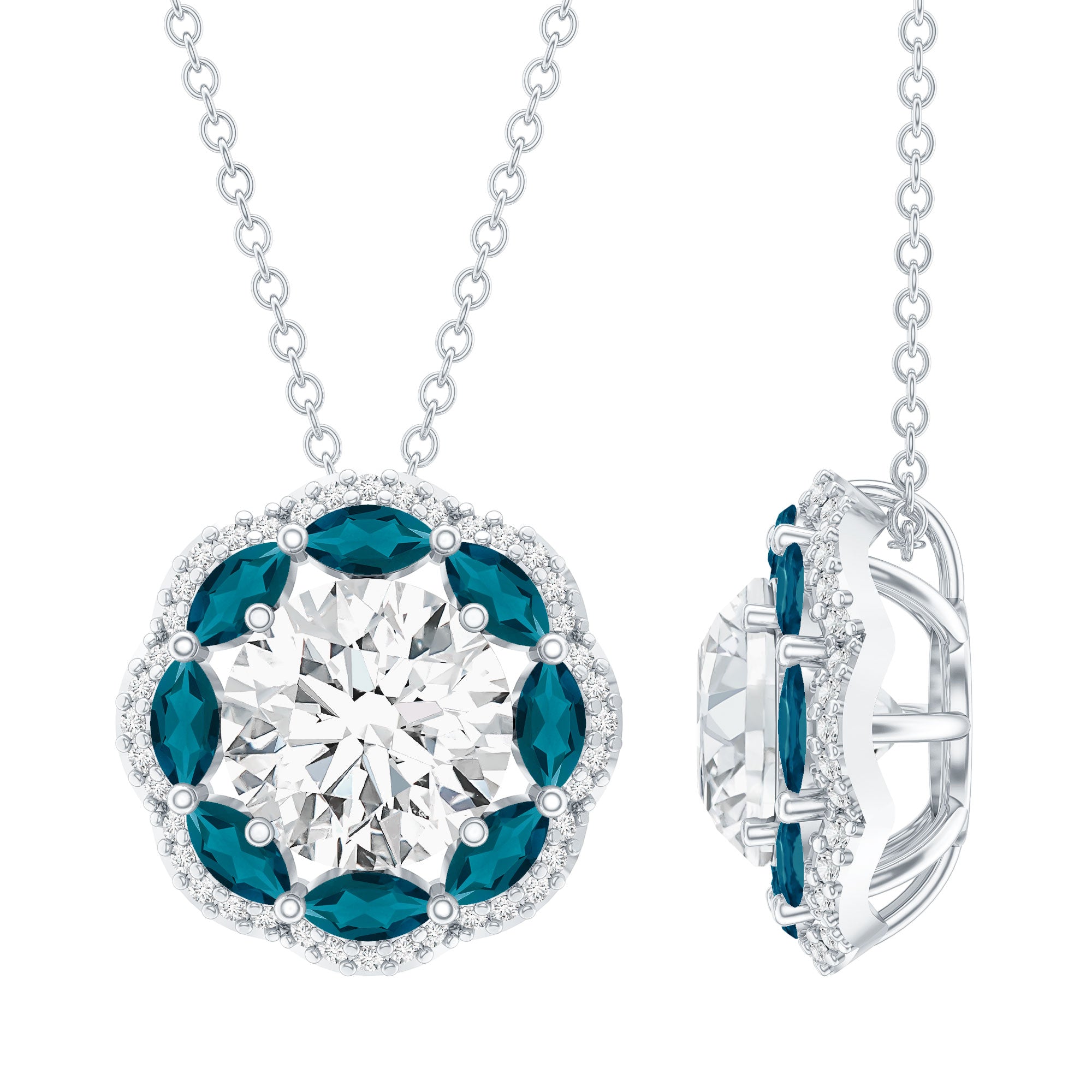2 Carat Lab Grown Diamond Halo Necklace With London Blue Topaz Lab - ( EF-VS ) - Rosec Jewels