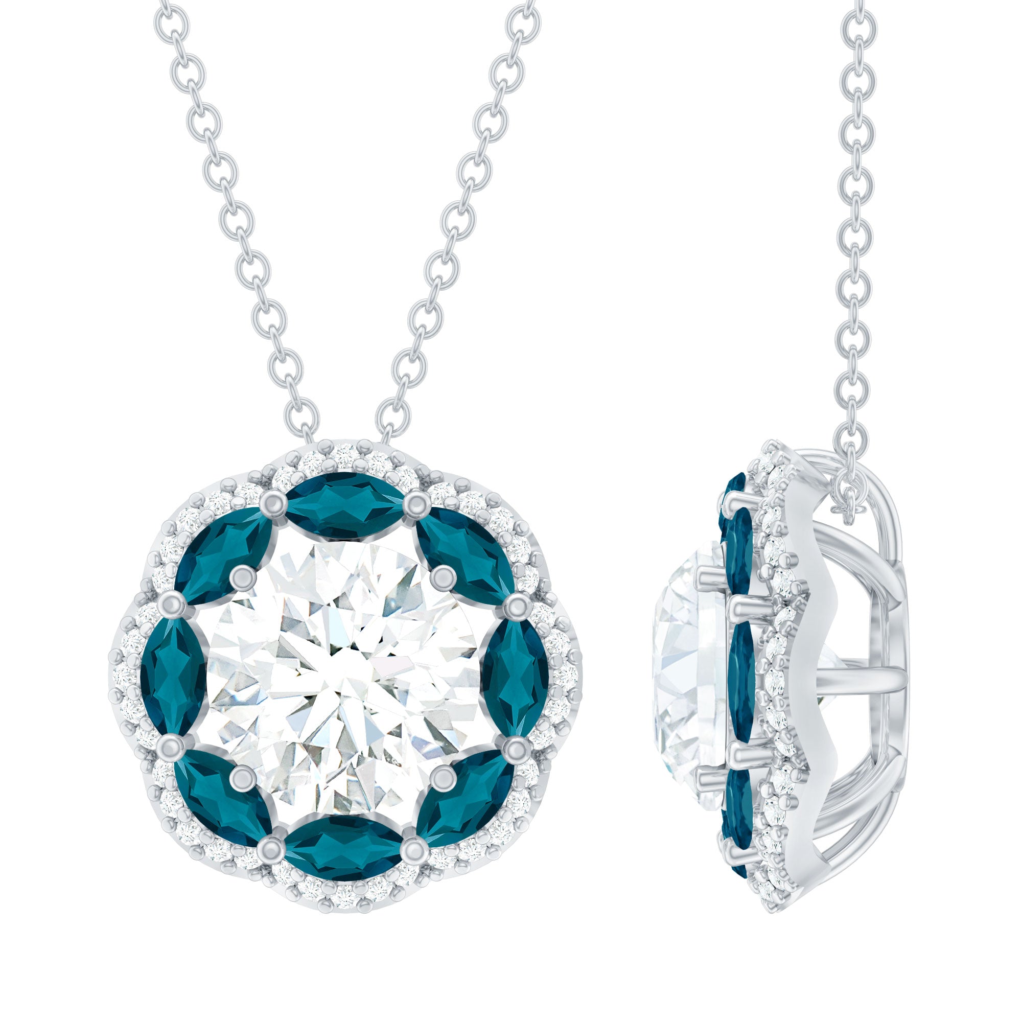 2 Carat Lab Grown Diamond Halo Necklace With London Blue Topaz