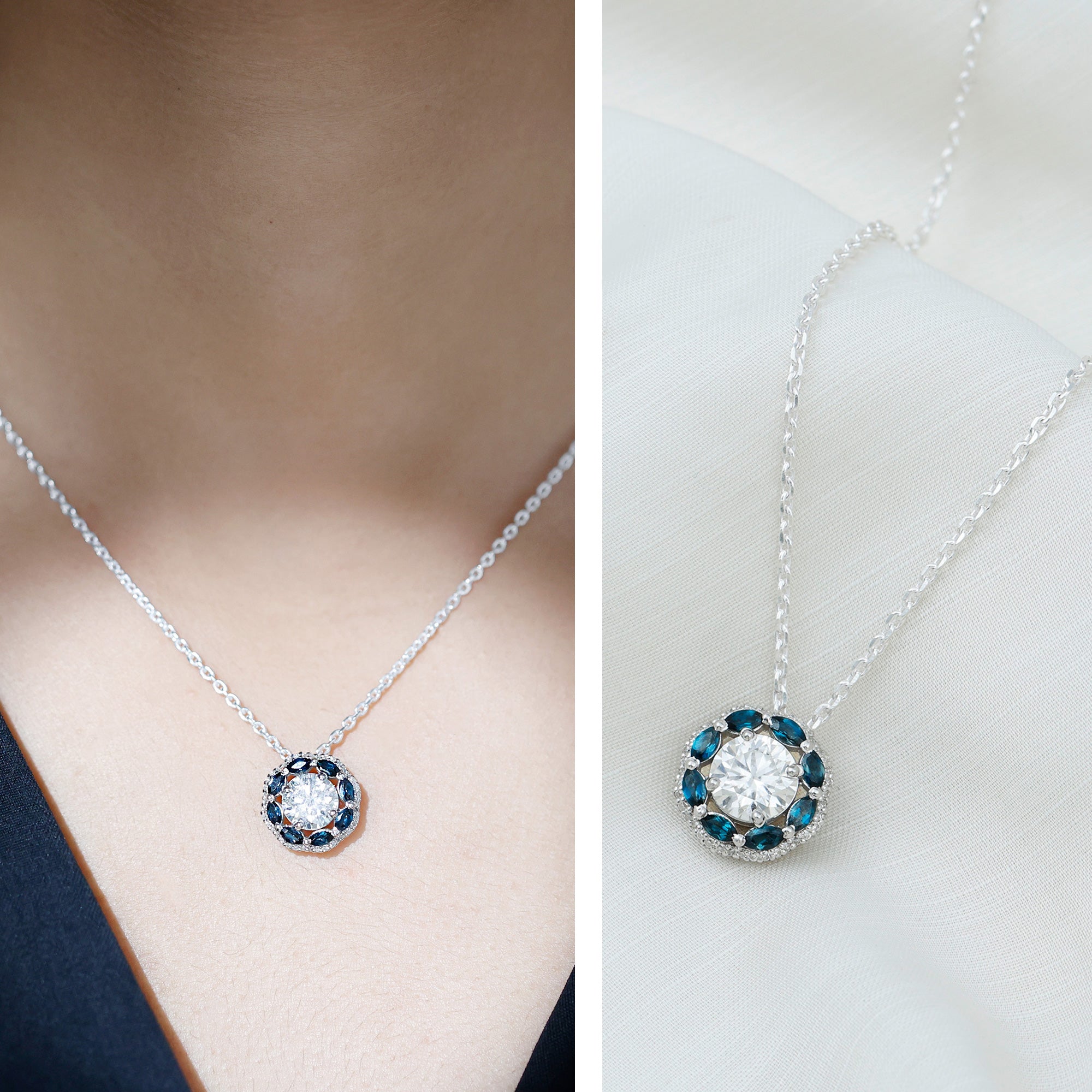 2 Carat Lab Grown Diamond Halo Necklace With London Blue Topaz Lab - ( EF-VS ) - Rosec Jewels