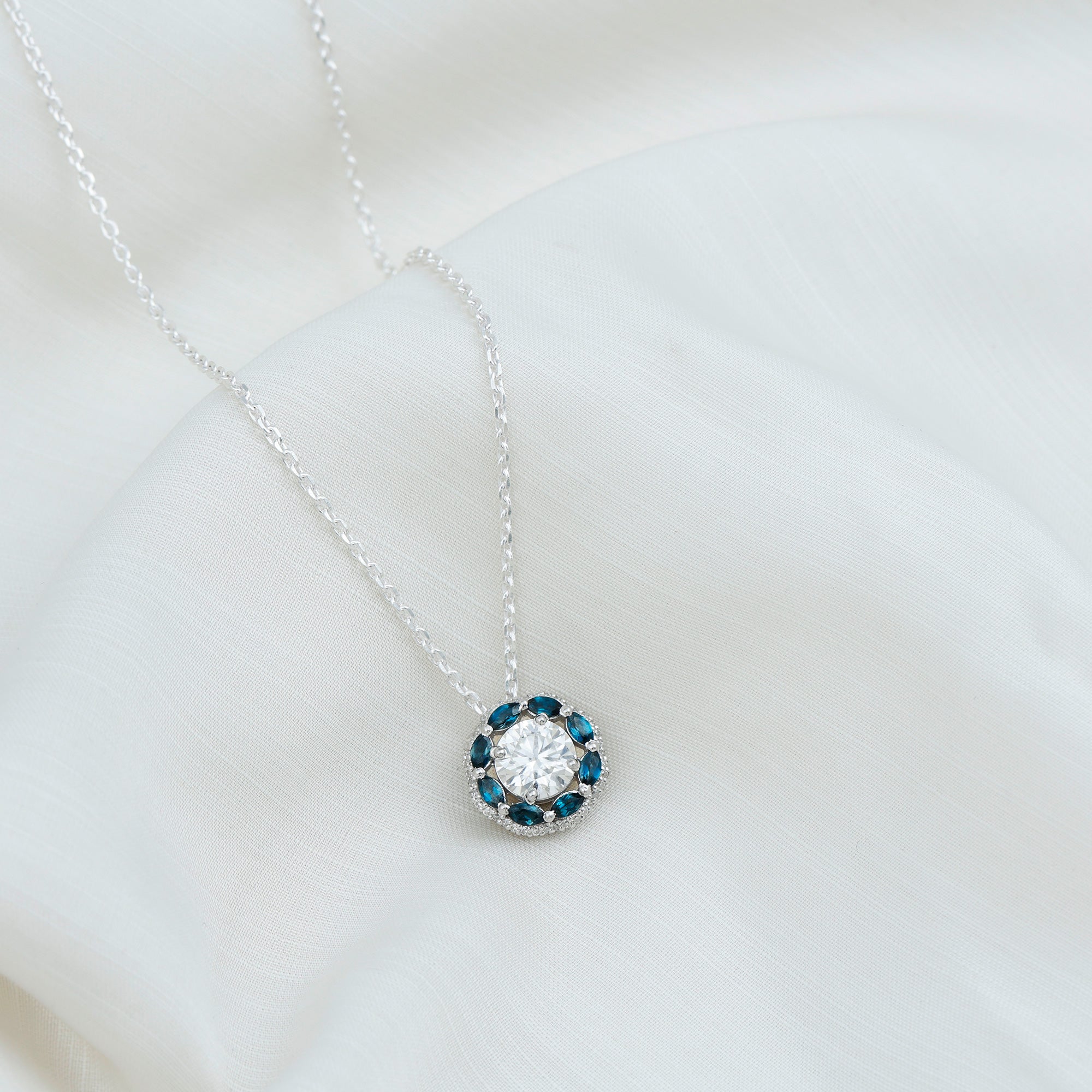 2 Carat Lab Grown Diamond Halo Necklace With London Blue Topaz Lab - ( EF-VS ) - Rosec Jewels