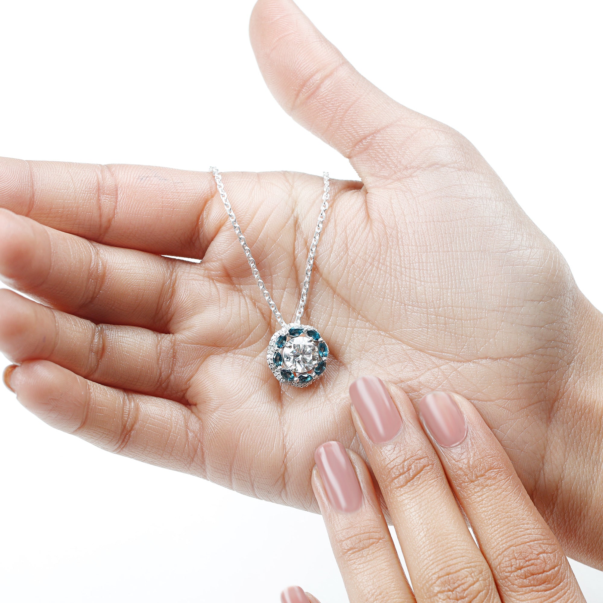 2 Carat Lab Grown Diamond Halo Necklace With London Blue Topaz Lab - ( EF-VS ) - Rosec Jewels