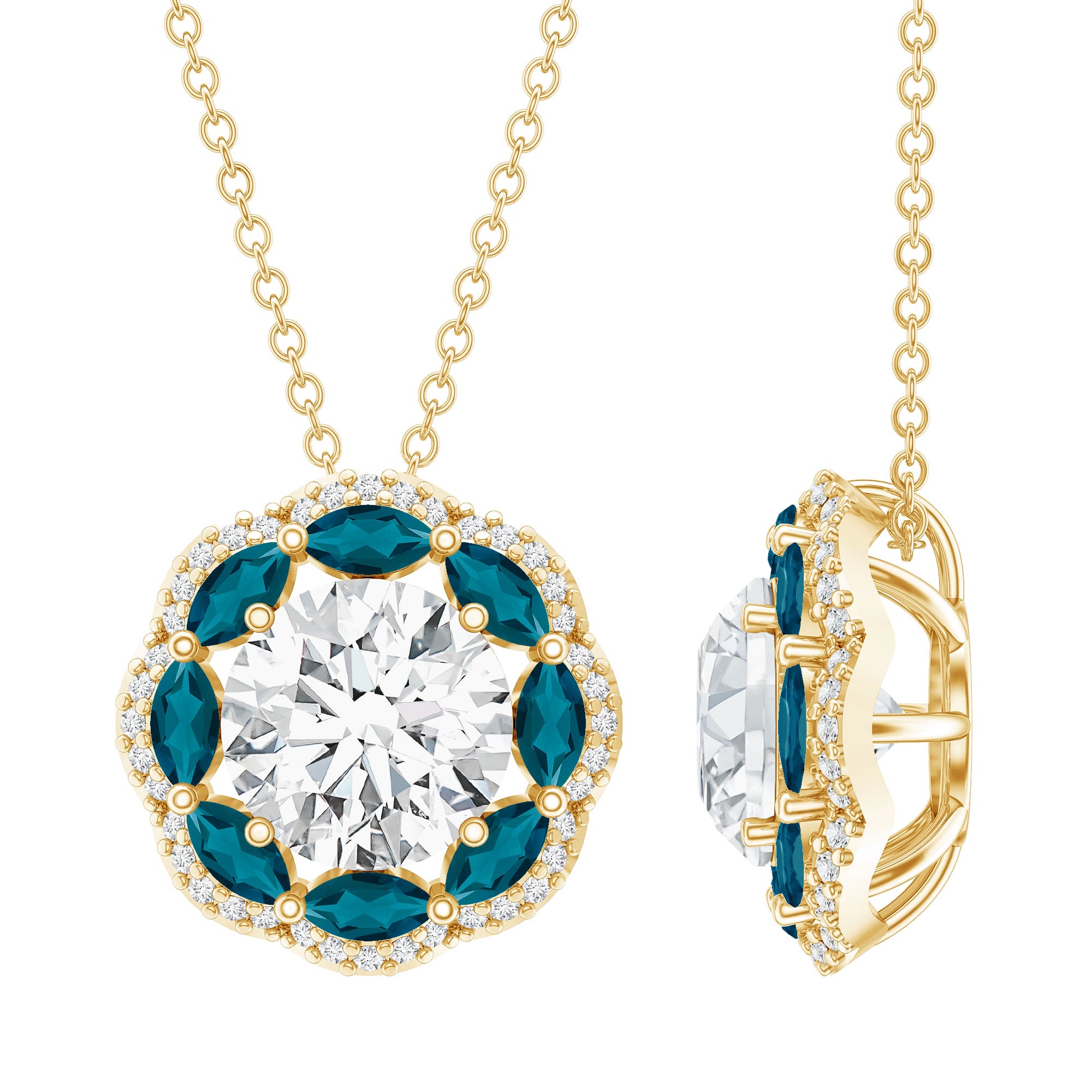 2 Carat Lab Grown Diamond Halo Necklace With London Blue Topaz Lab - ( EF-VS ) - Rosec Jewels