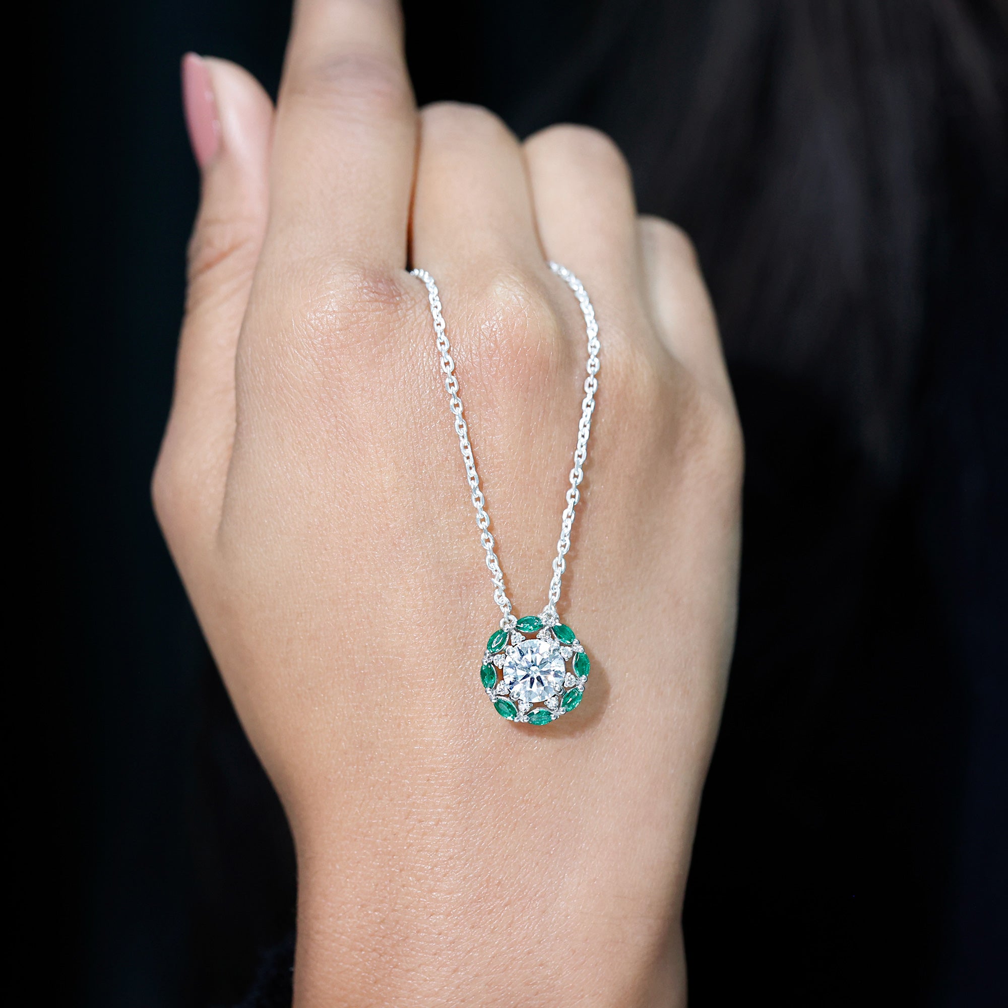8 MM Lab Grown Diamond Bridal Necklace With Emerald Lab - ( EF-VS ) - Rosec Jewels