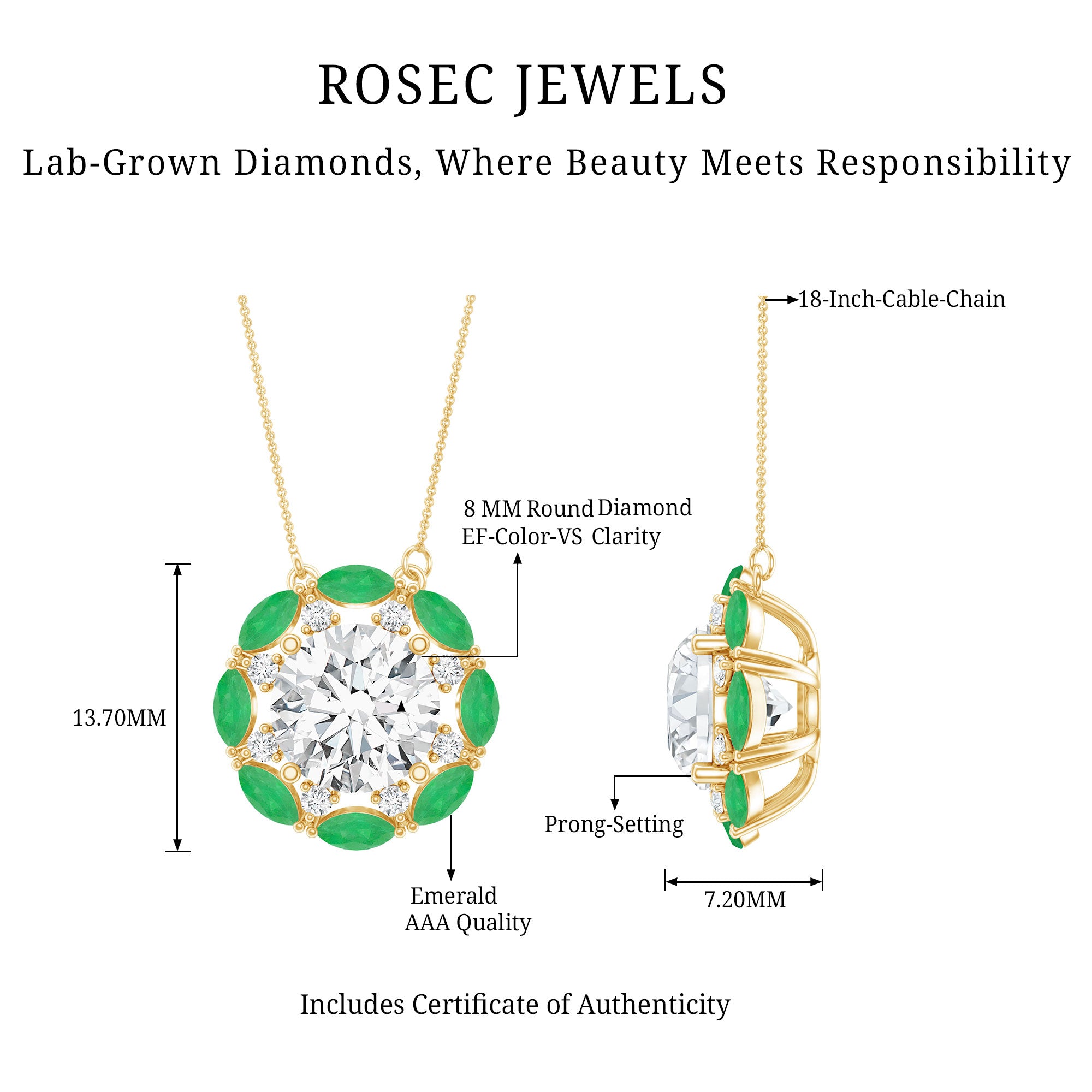 8 MM Lab Grown Diamond Bridal Necklace With Emerald Lab - ( EF-VS ) - Rosec Jewels