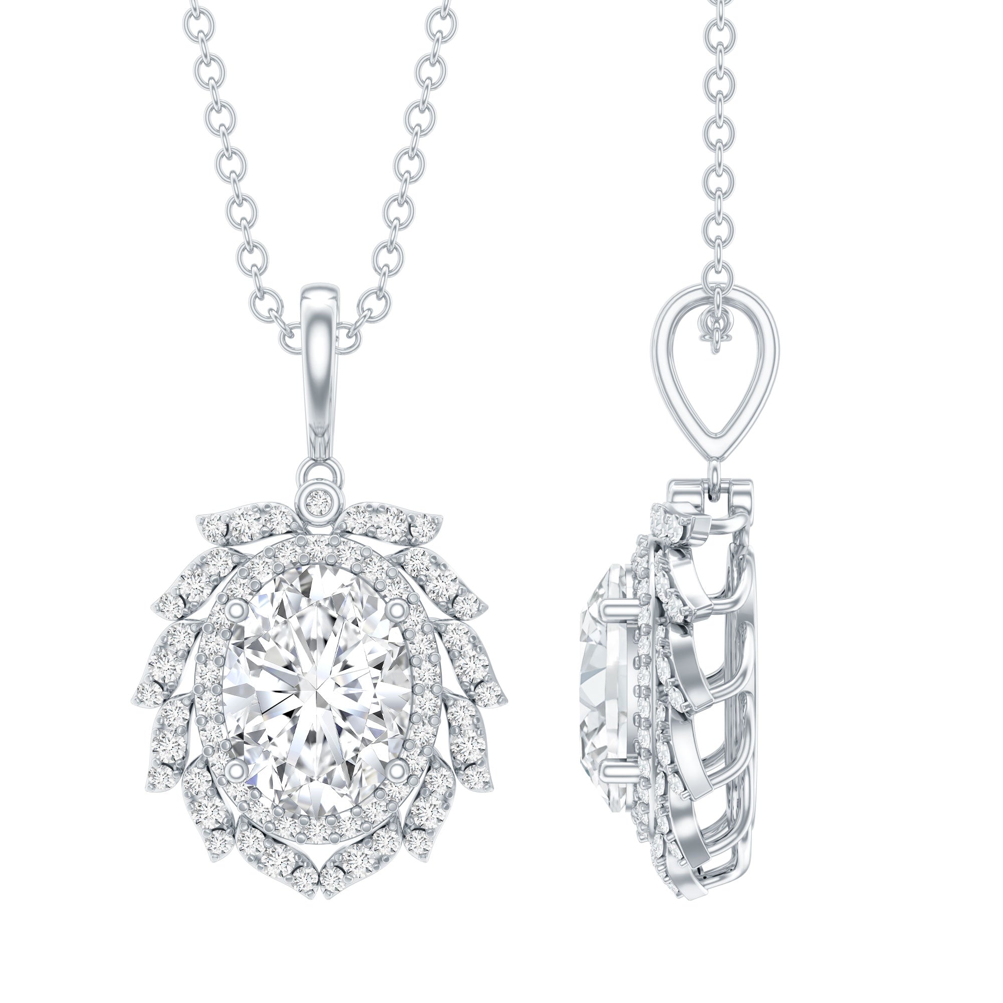 6X8 MM Oval Lab Grown Diamond Vintage Necklace With Double Halo Lab - ( EF-VS ) - Rosec Jewels