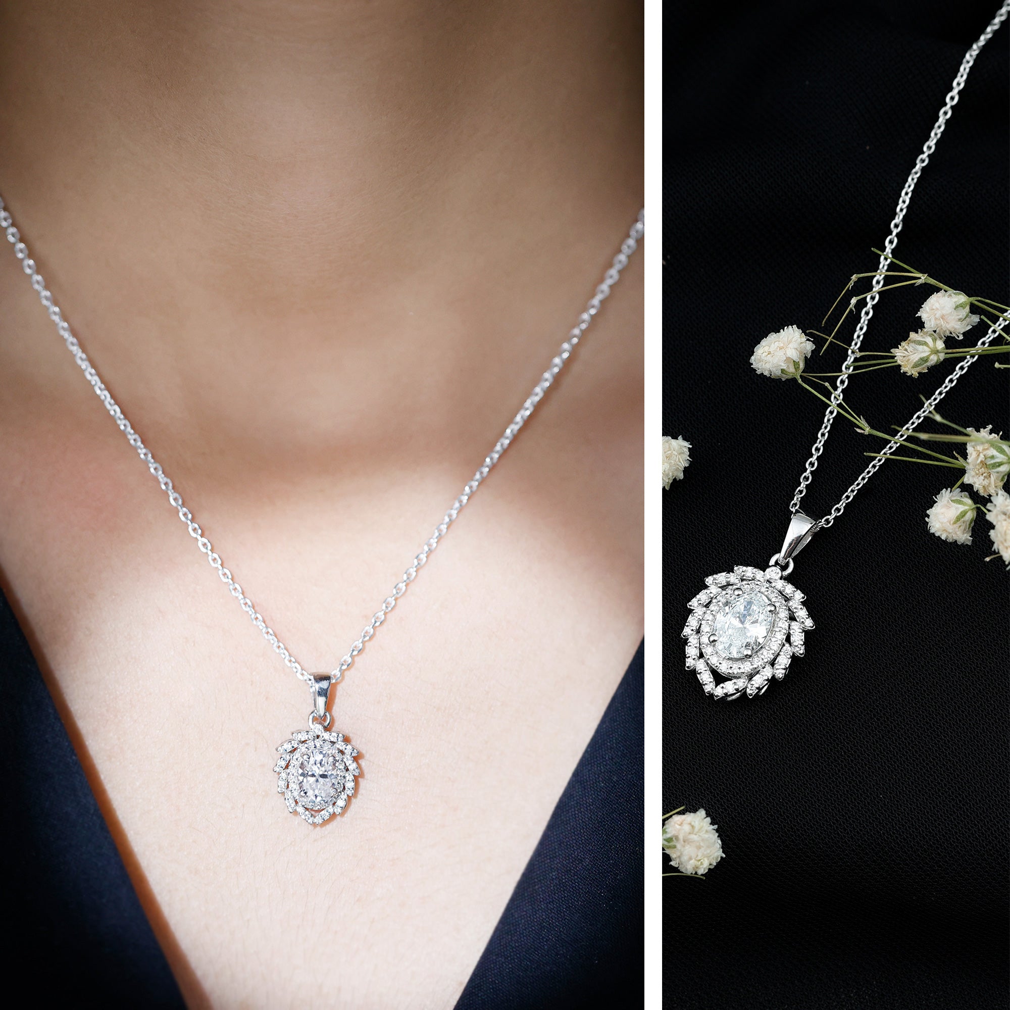 6X8 MM Oval Lab Grown Diamond Vintage Necklace With Double Halo Lab - ( EF-VS ) - Rosec Jewels