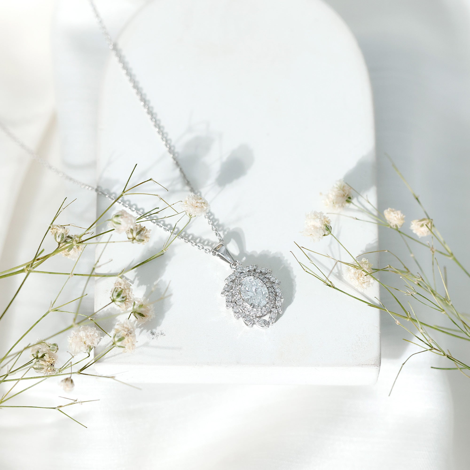 6X8 MM Oval Lab Grown Diamond Vintage Necklace With Double Halo Lab - ( EF-VS ) - Rosec Jewels