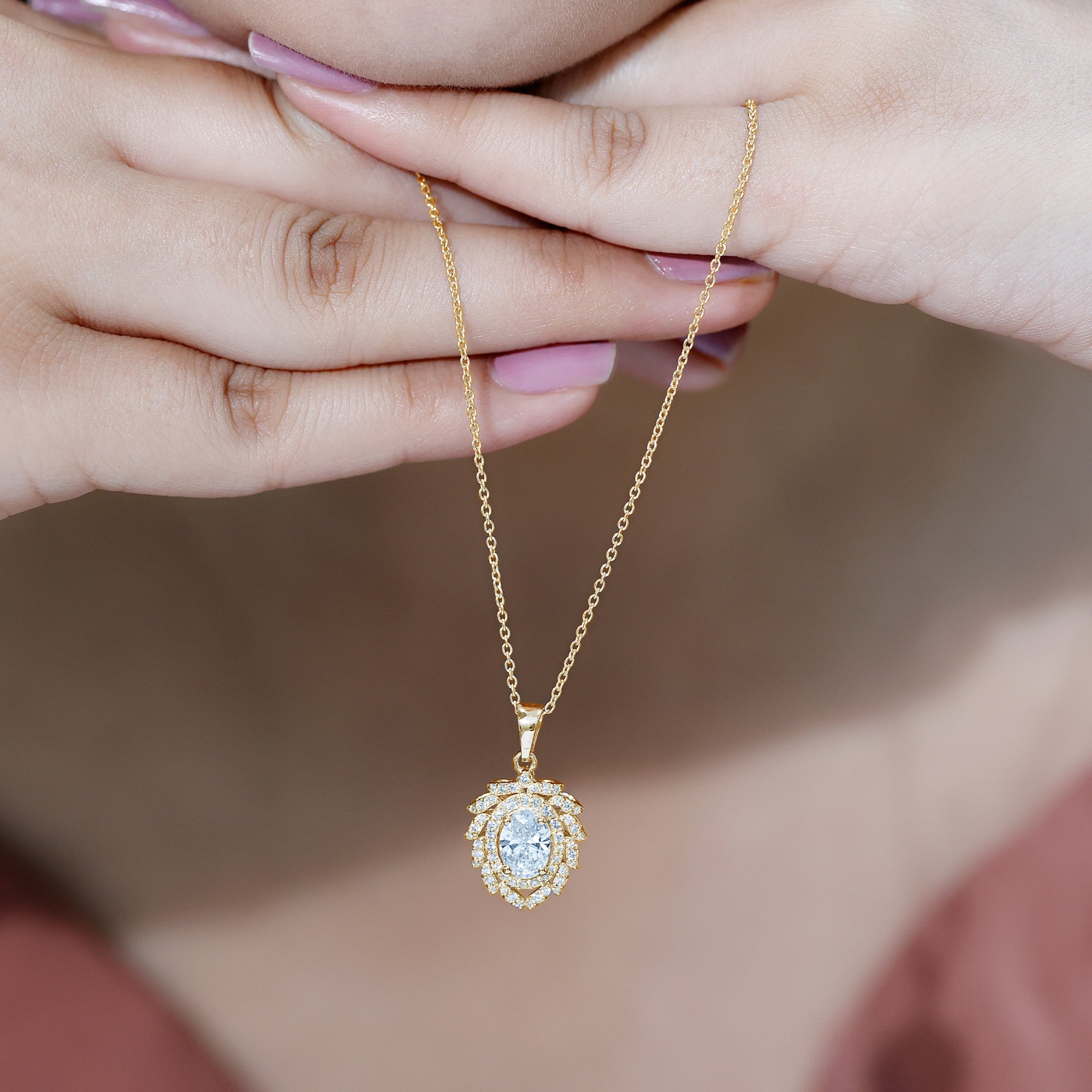 6X8 MM Oval Lab Grown Diamond Vintage Necklace With Double Halo Lab - ( EF-VS ) - Rosec Jewels
