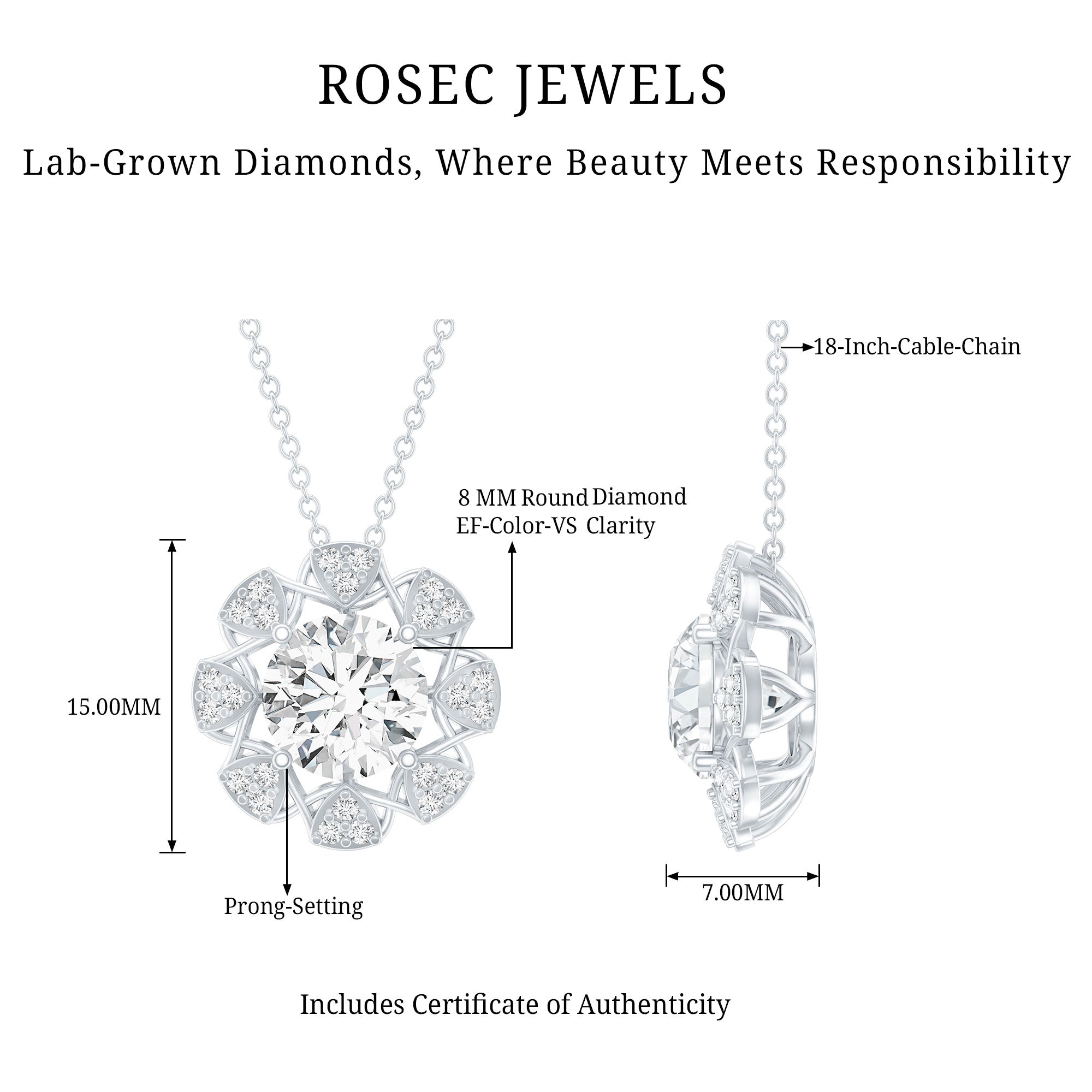 Certified 2 Carat Lab Grown Diamond Designer Solitaire Necklace Lab - ( EF-VS ) - Rosec Jewels