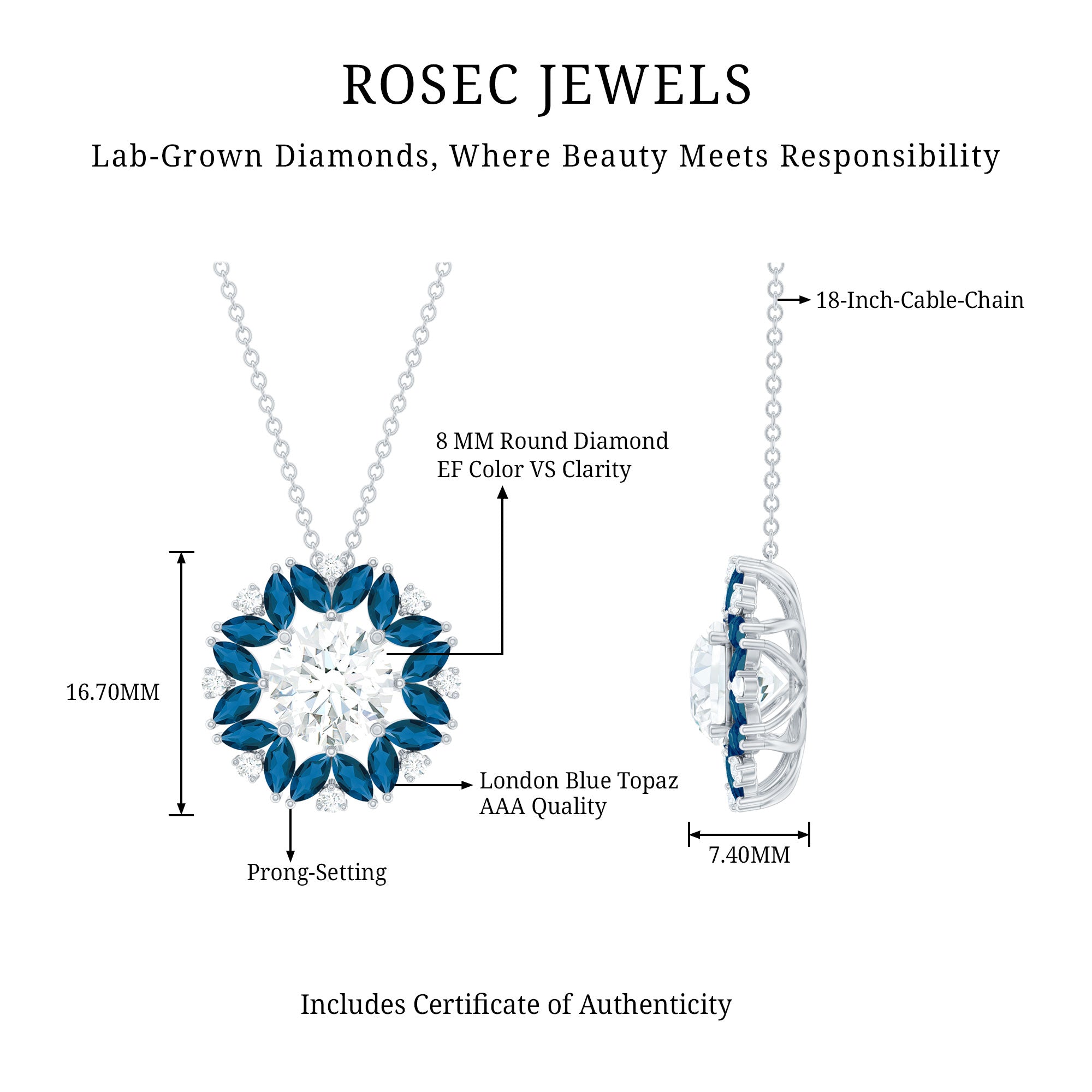 2 Carat Lab Grown Diamond Cocktail Necklace With London Blue Topaz Lab - ( EF-VS ) - Rosec Jewels