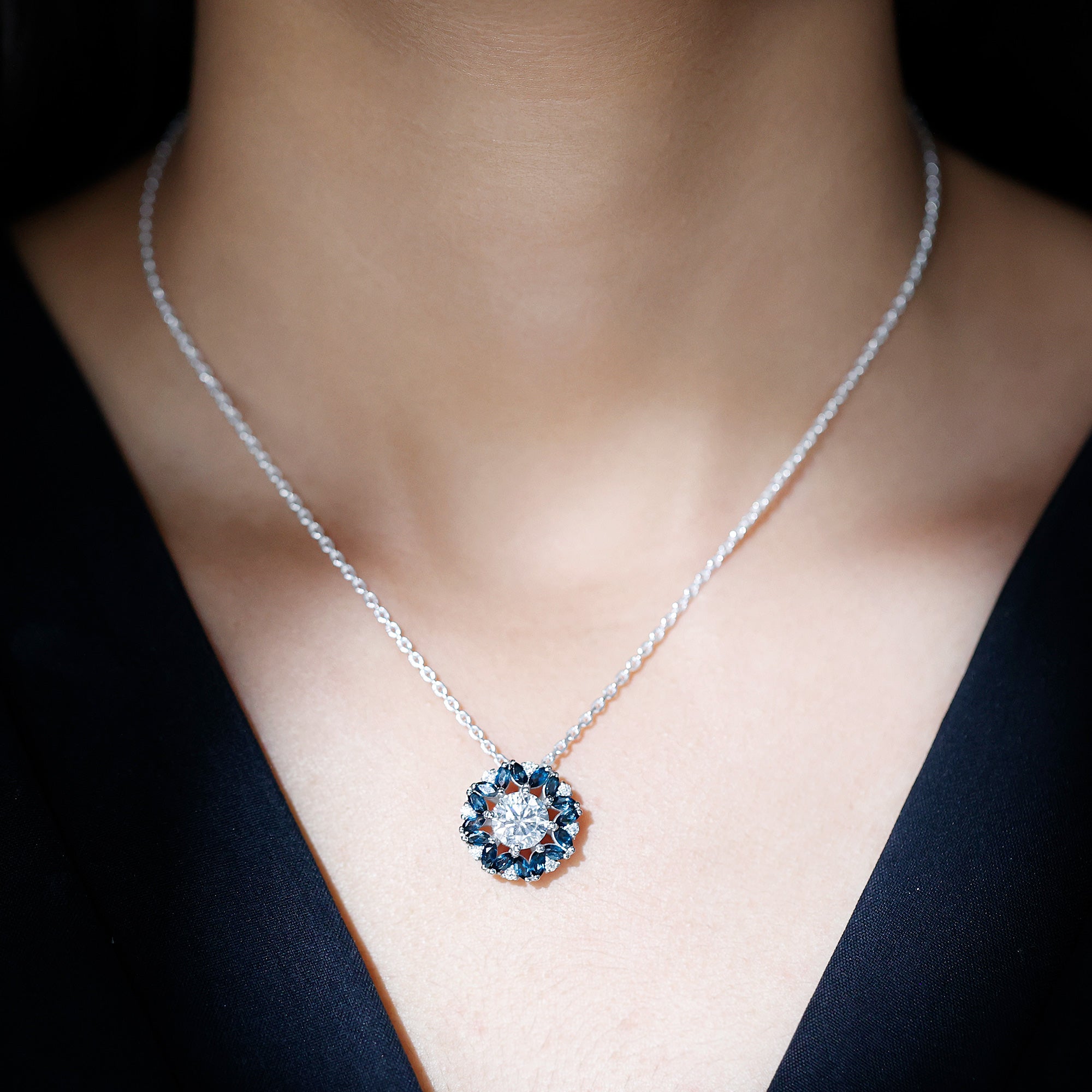 2 Carat Lab Grown Diamond Cocktail Necklace With London Blue Topaz Lab - ( EF-VS ) - Rosec Jewels