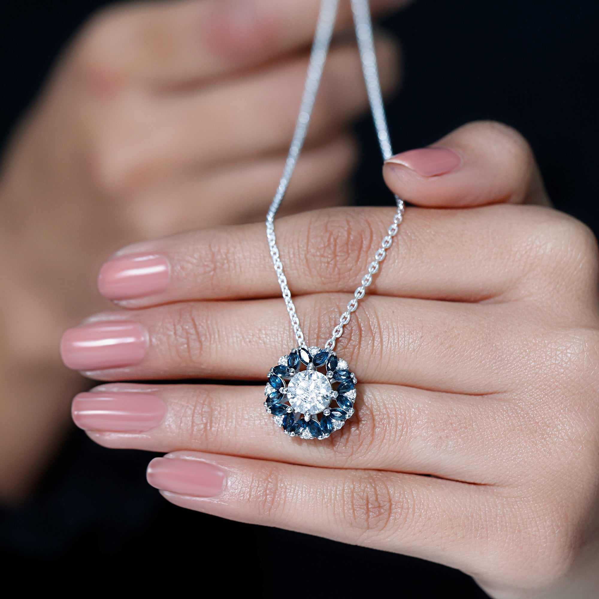 2 Carat Lab Grown Diamond Cocktail Necklace With London Blue Topaz Lab - ( EF-VS ) - Rosec Jewels
