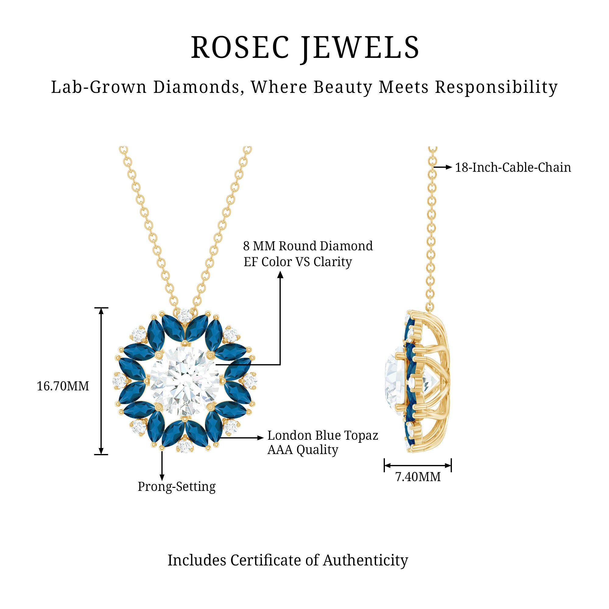 2 Carat Lab Grown Diamond Cocktail Necklace With London Blue Topaz Lab - ( EF-VS ) - Rosec Jewels