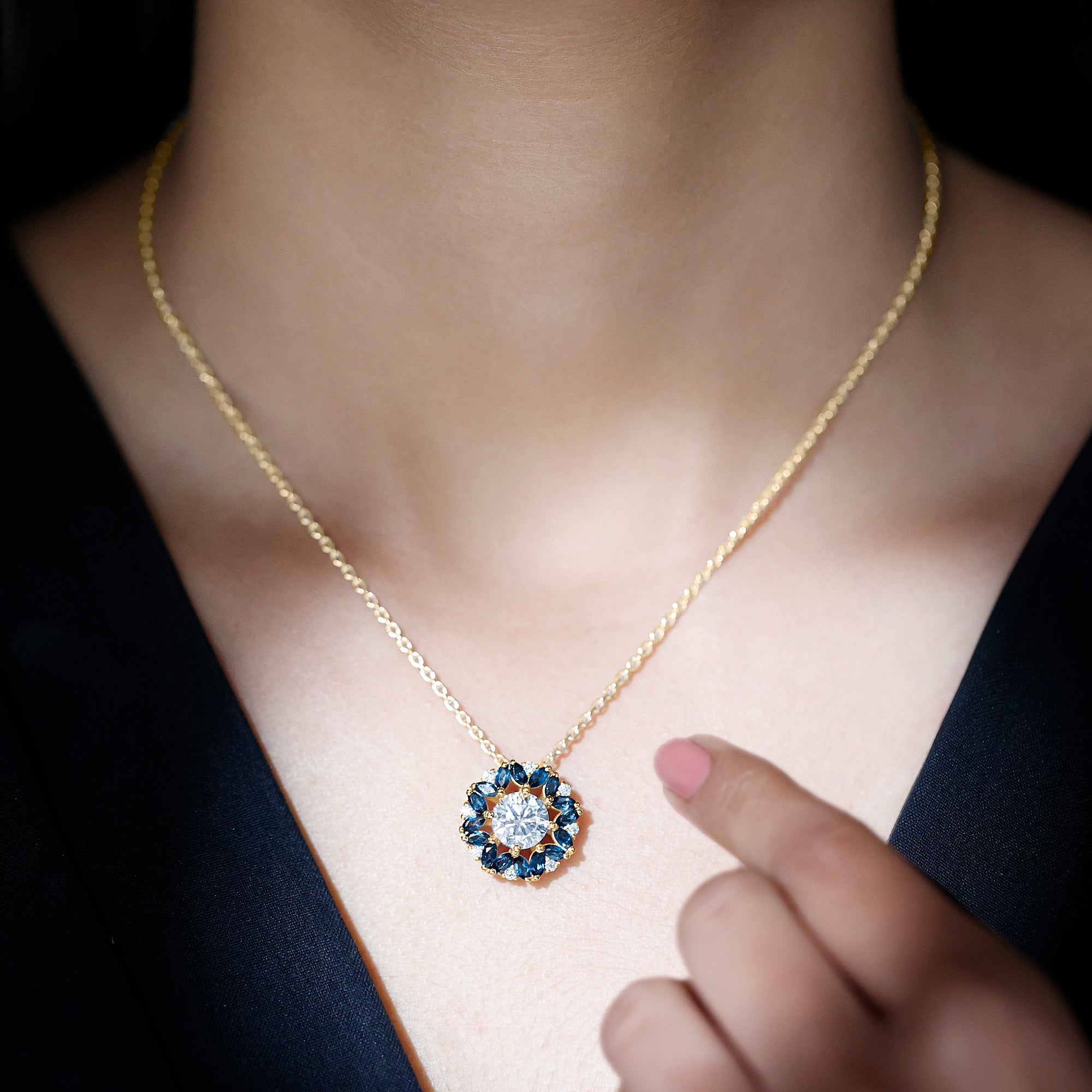 2 Carat Lab Grown Diamond Cocktail Necklace With London Blue Topaz Lab - ( EF-VS ) - Rosec Jewels