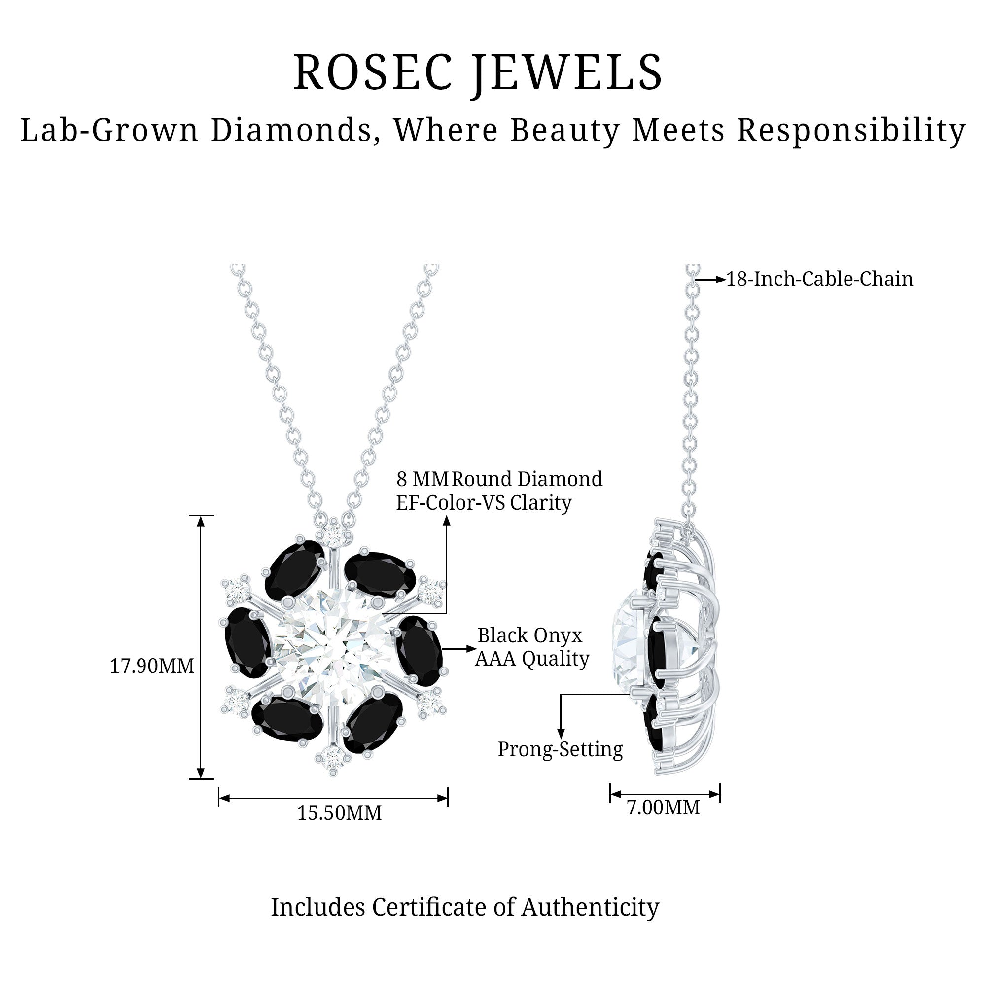 Lab Grown Diamond Cocktail Necklace With Black Onyx Lab - ( EF-VS ) - Rosec Jewels