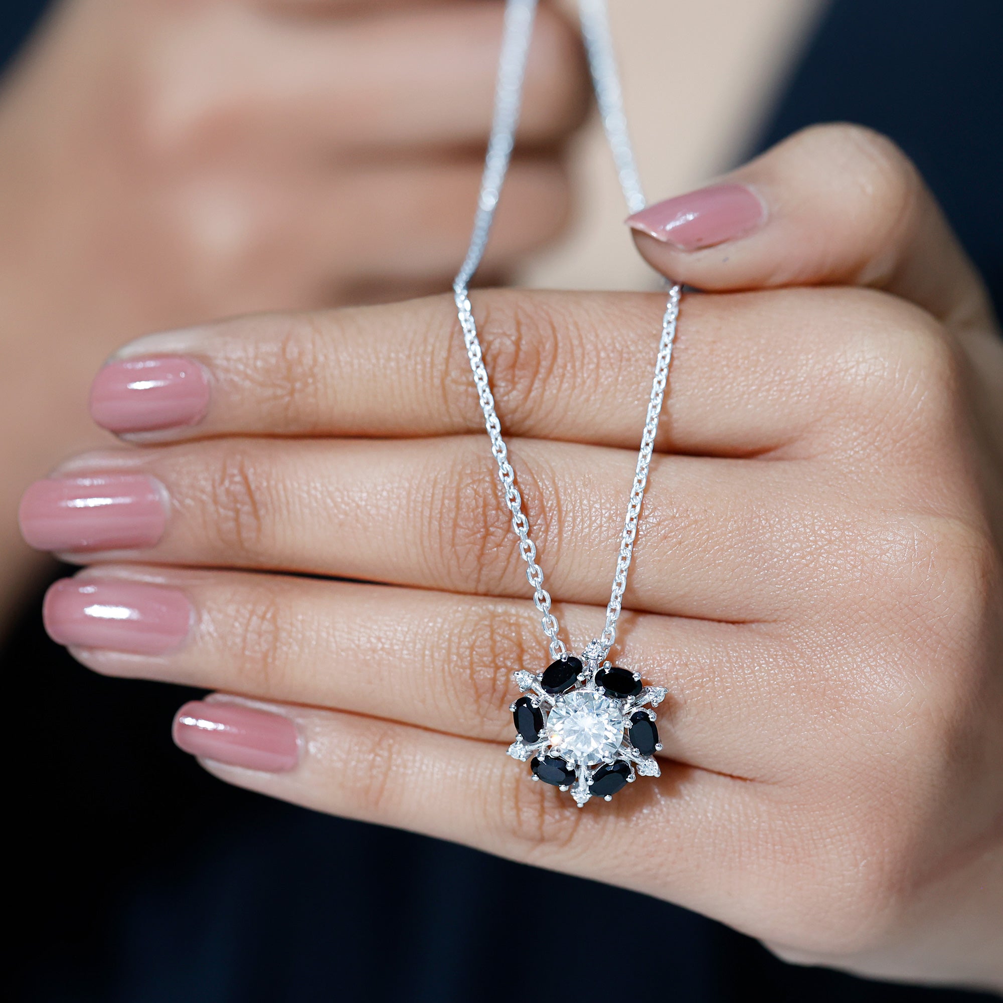 Lab Grown Diamond Cocktail Necklace With Black Onyx Lab - ( EF-VS ) - Rosec Jewels
