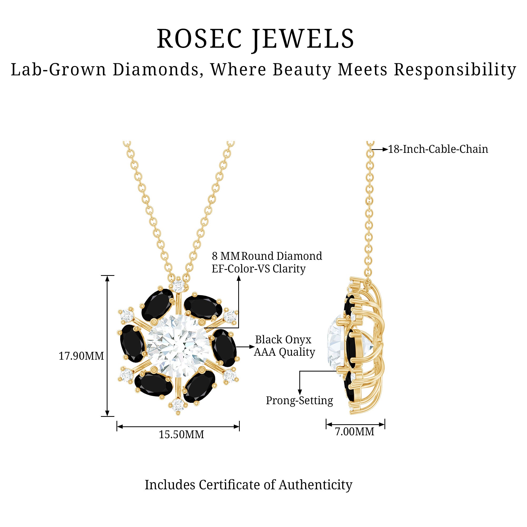 Lab Grown Diamond Cocktail Necklace With Black Onyx Lab - ( EF-VS ) - Rosec Jewels