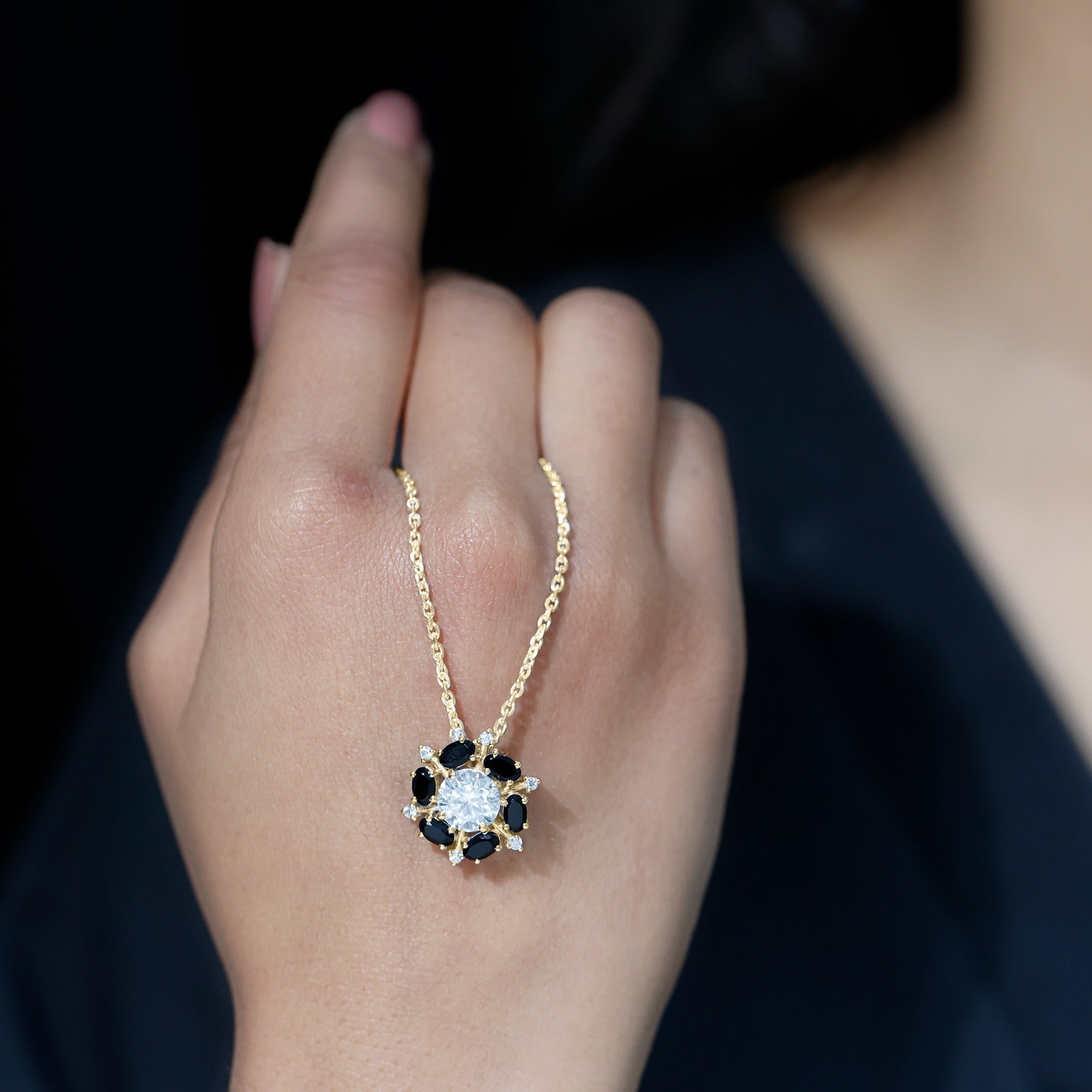 Lab Grown Diamond Cocktail Necklace With Black Onyx Lab - ( EF-VS ) - Rosec Jewels