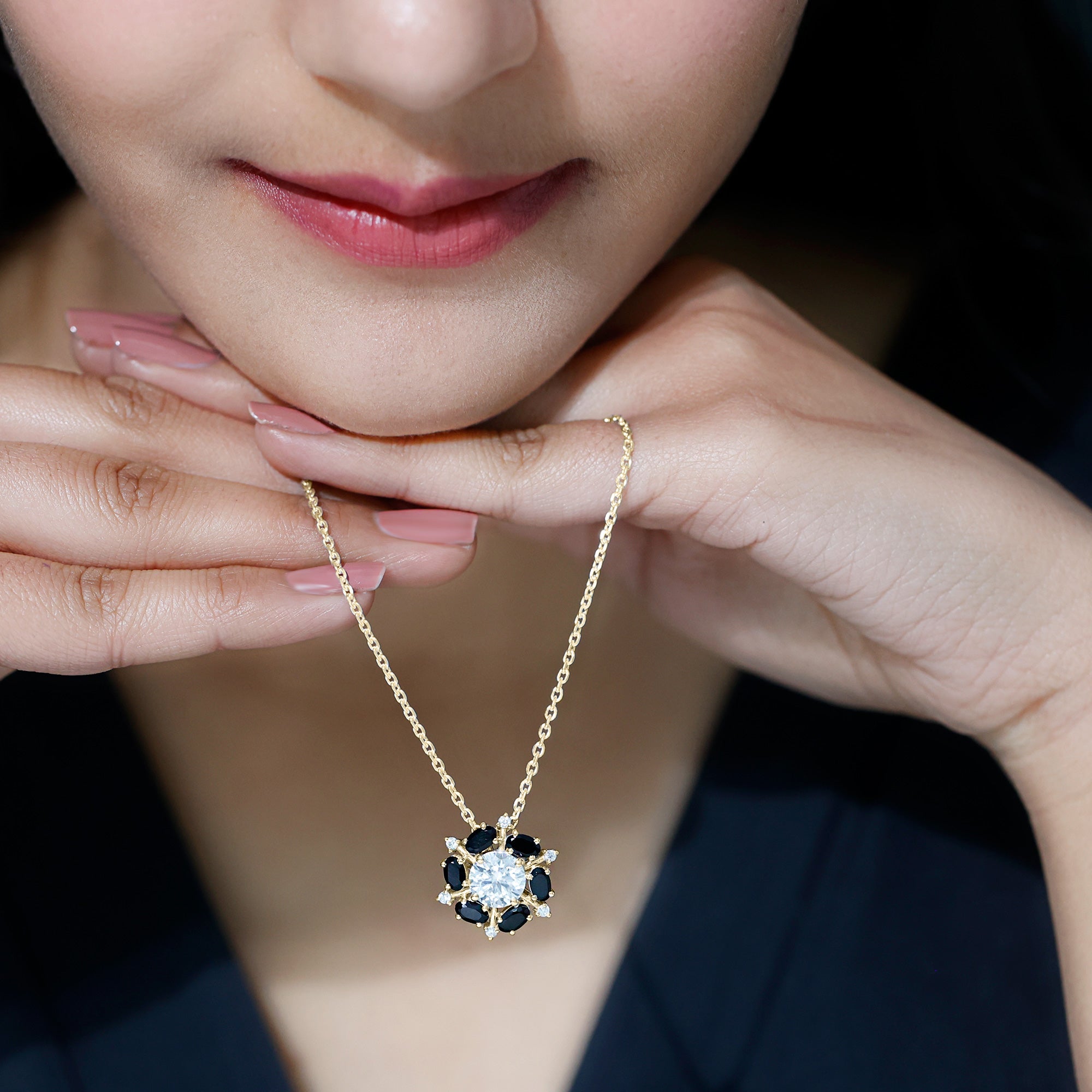 Lab Grown Diamond Cocktail Necklace With Black Onyx Lab - ( EF-VS ) - Rosec Jewels