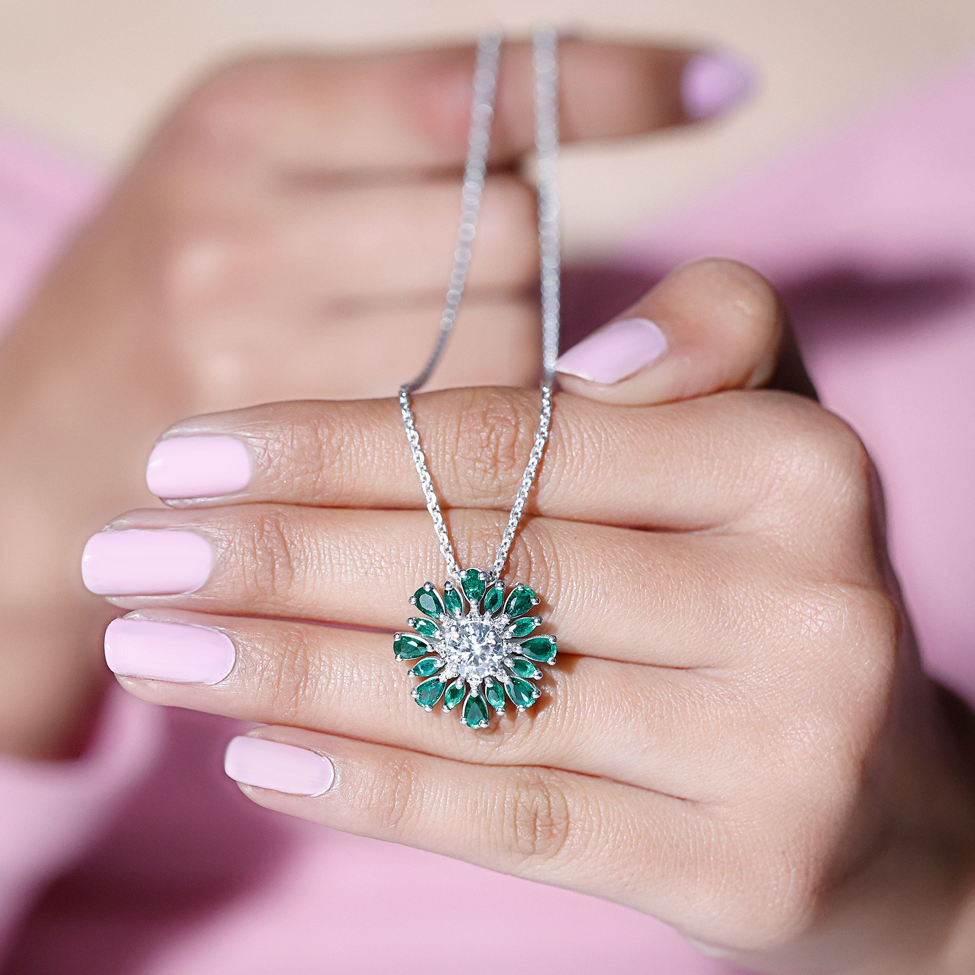 Certified 7 MM Lab Grown Diamond Statement Necklace With Emerald Lab - ( EF-VS ) - Rosec Jewels