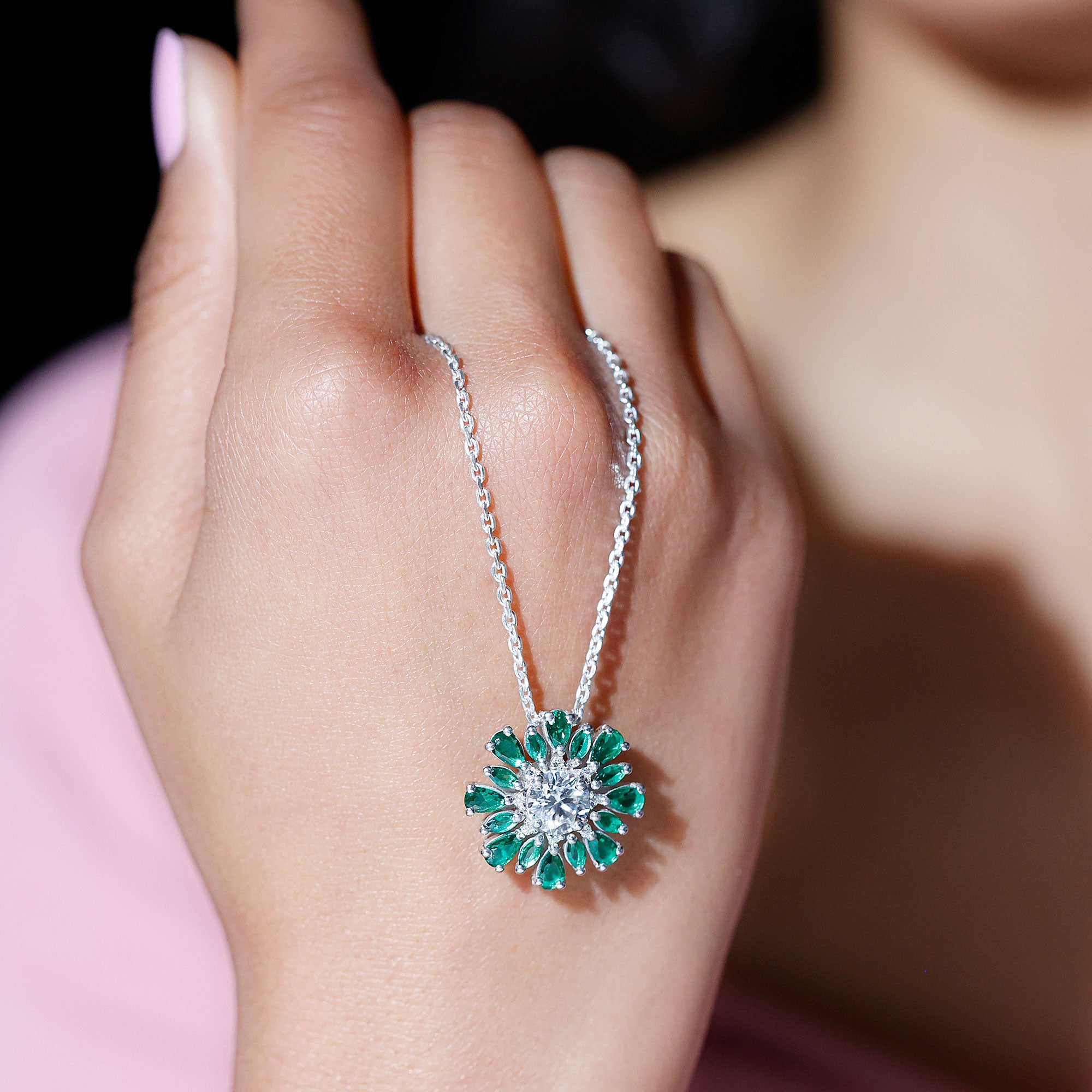 Certified 7 MM Lab Grown Diamond Statement Necklace With Emerald Lab - ( EF-VS ) - Rosec Jewels