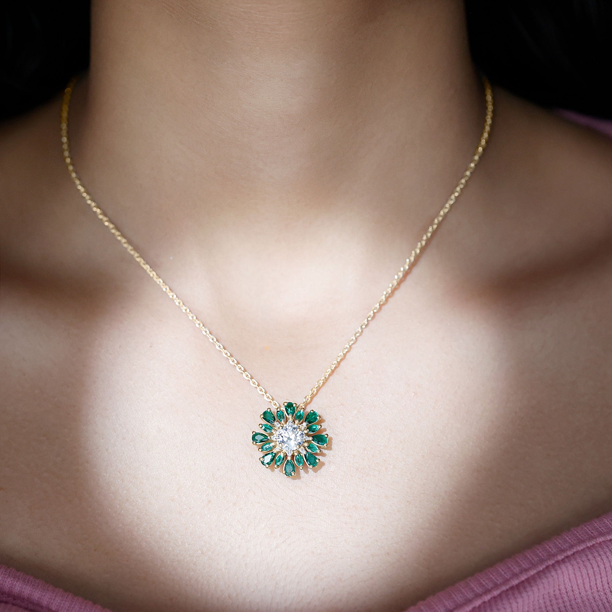 Certified 7 MM Lab Grown Diamond Statement Necklace With Emerald Lab - ( EF-VS ) - Rosec Jewels