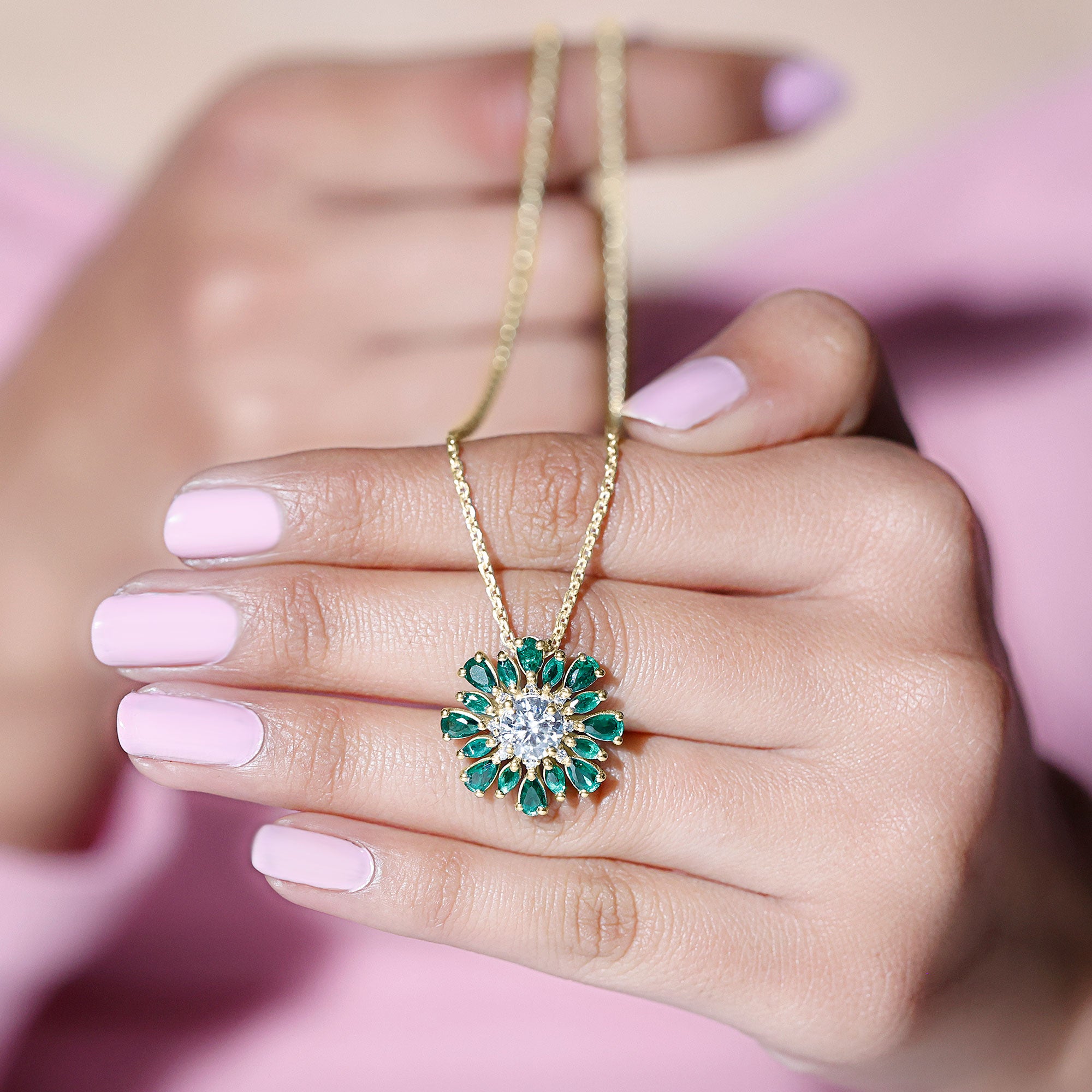 Certified 7 MM Lab Grown Diamond Statement Necklace With Emerald Lab - ( EF-VS ) - Rosec Jewels