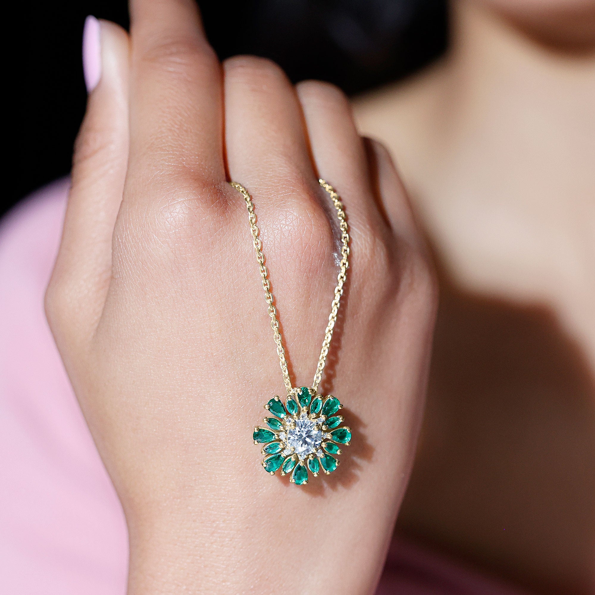 Certified 7 MM Lab Grown Diamond Statement Necklace With Emerald Lab - ( EF-VS ) - Rosec Jewels