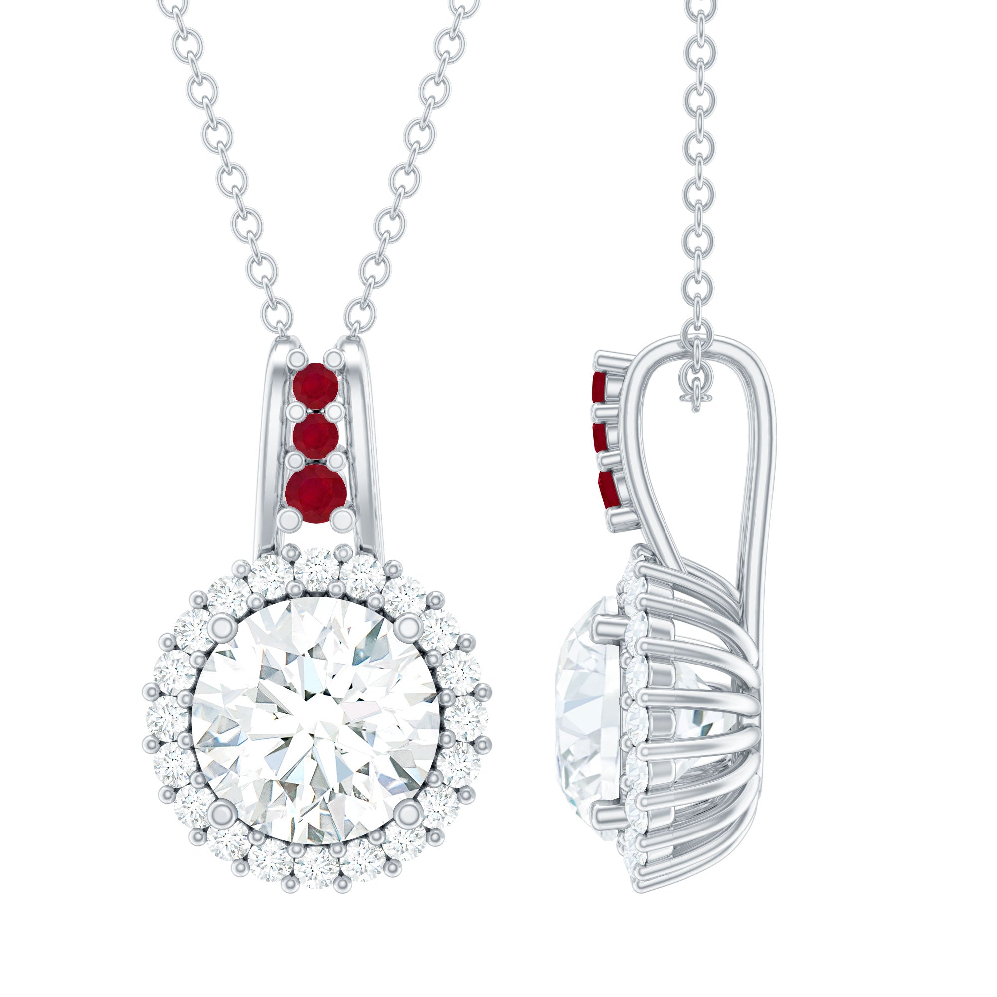 Certified MM Lab Grown Diamond Halo Necklace With Ruby Accent Bail Lab - ( EF-VS ) - Rosec Jewels